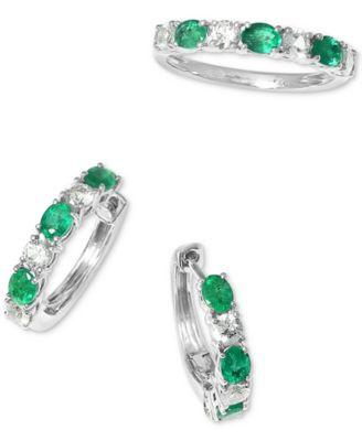 EFFY® Emerald & White Sapphire Small Hoop Earrings and Ring in 14k White Gold