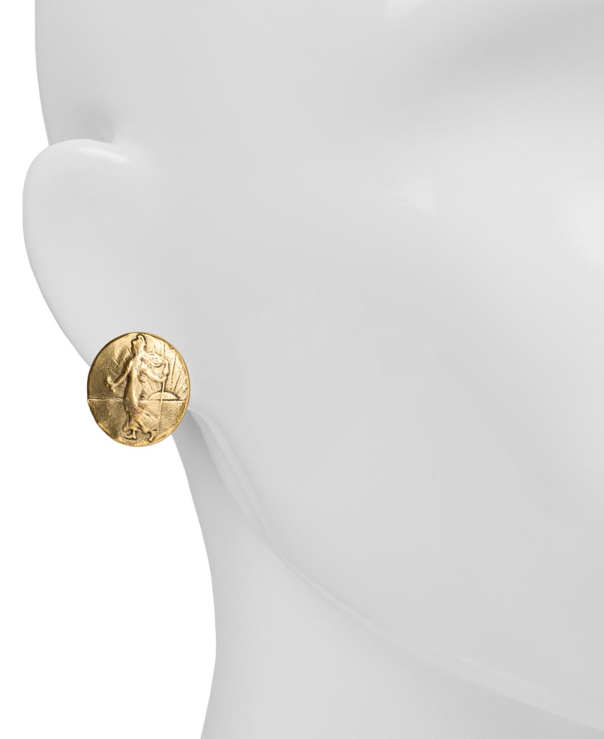 Gold-Tone Goddess Coin Button Earrings