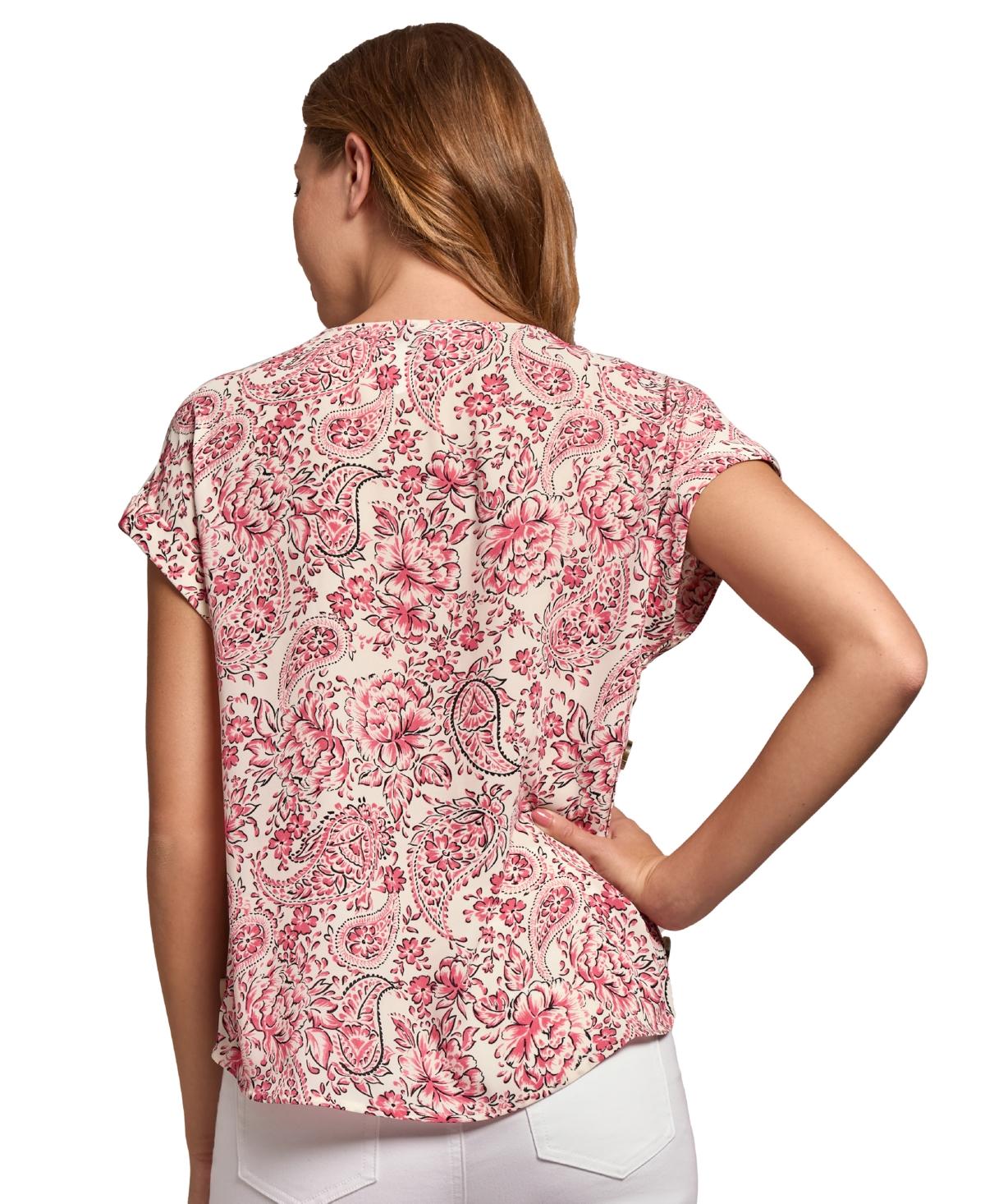 Petite Printed Side-Button Cap-Sleeve Top