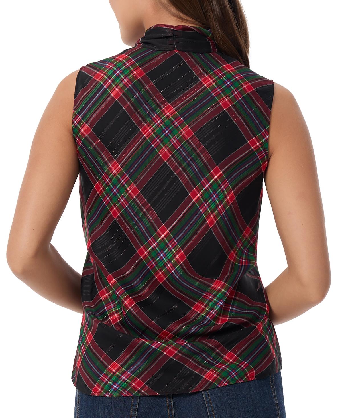 Women's Plaid Tie-Neck Sleeveless Top