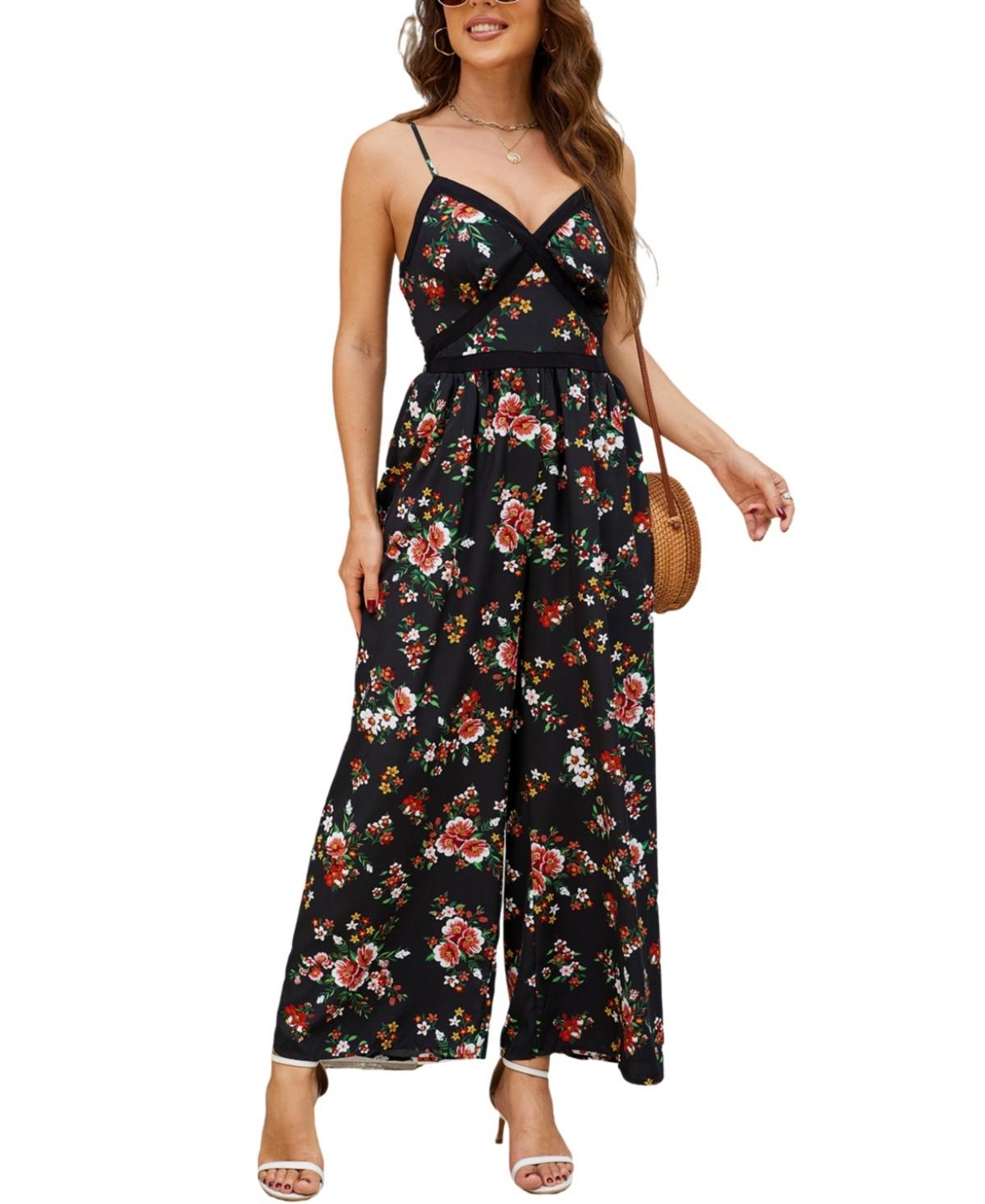 Women's Dark Floral Sleeveless V-Neck Wide Leg Jumpsuit