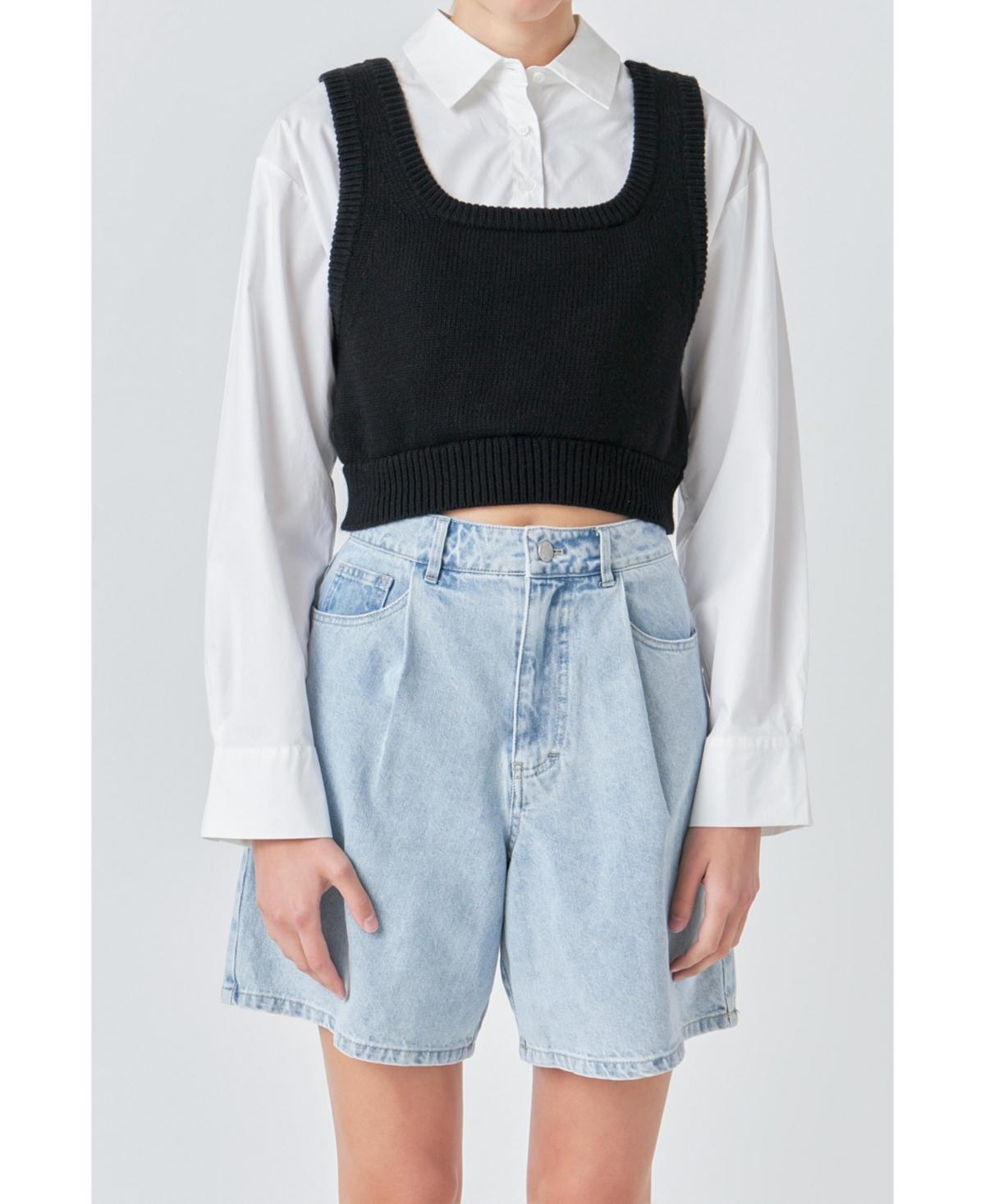 Women's Cropped Knit Top Over Shirt