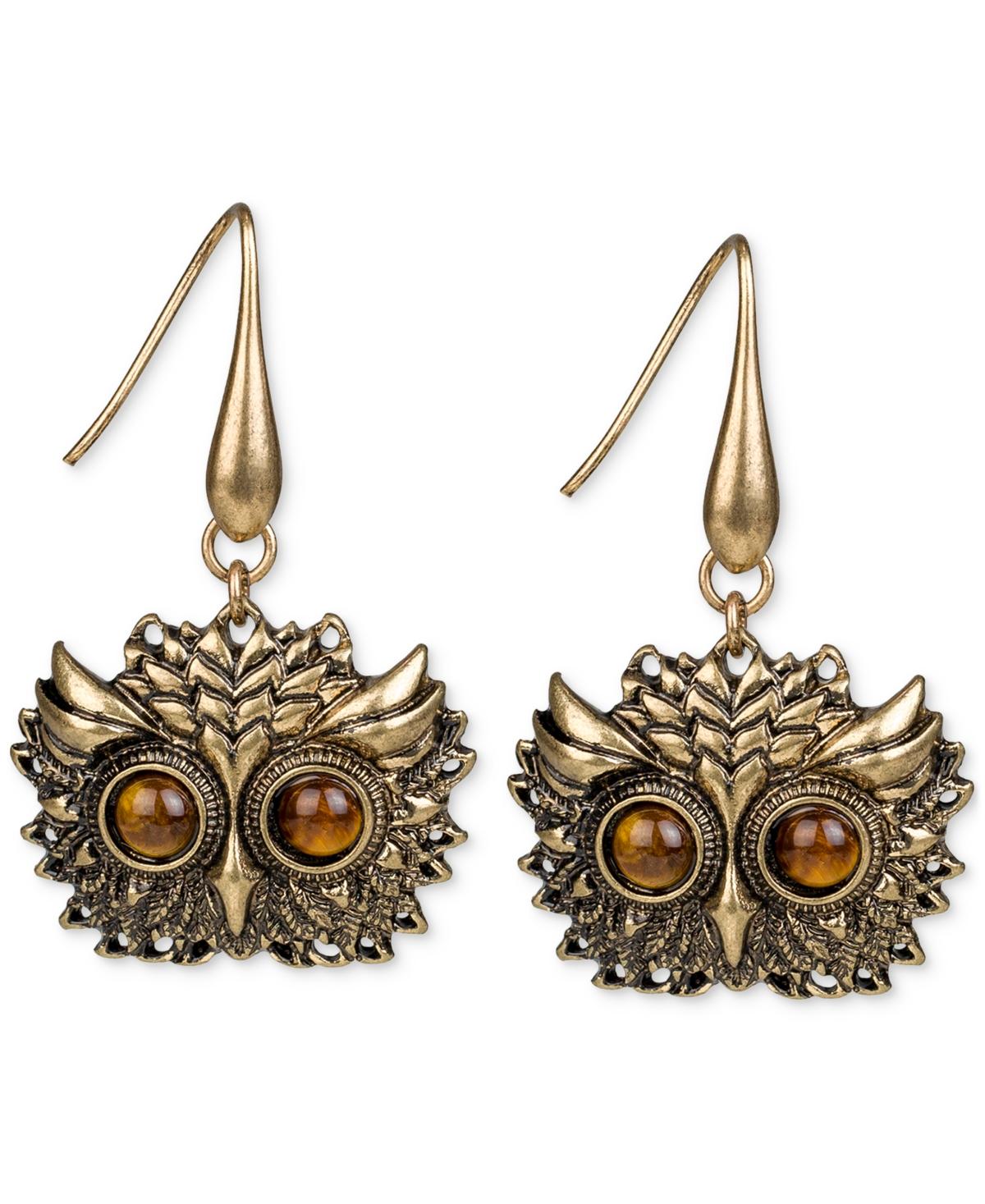 Gold-Tone Tiger's Eye Owl Head Drop Earrings