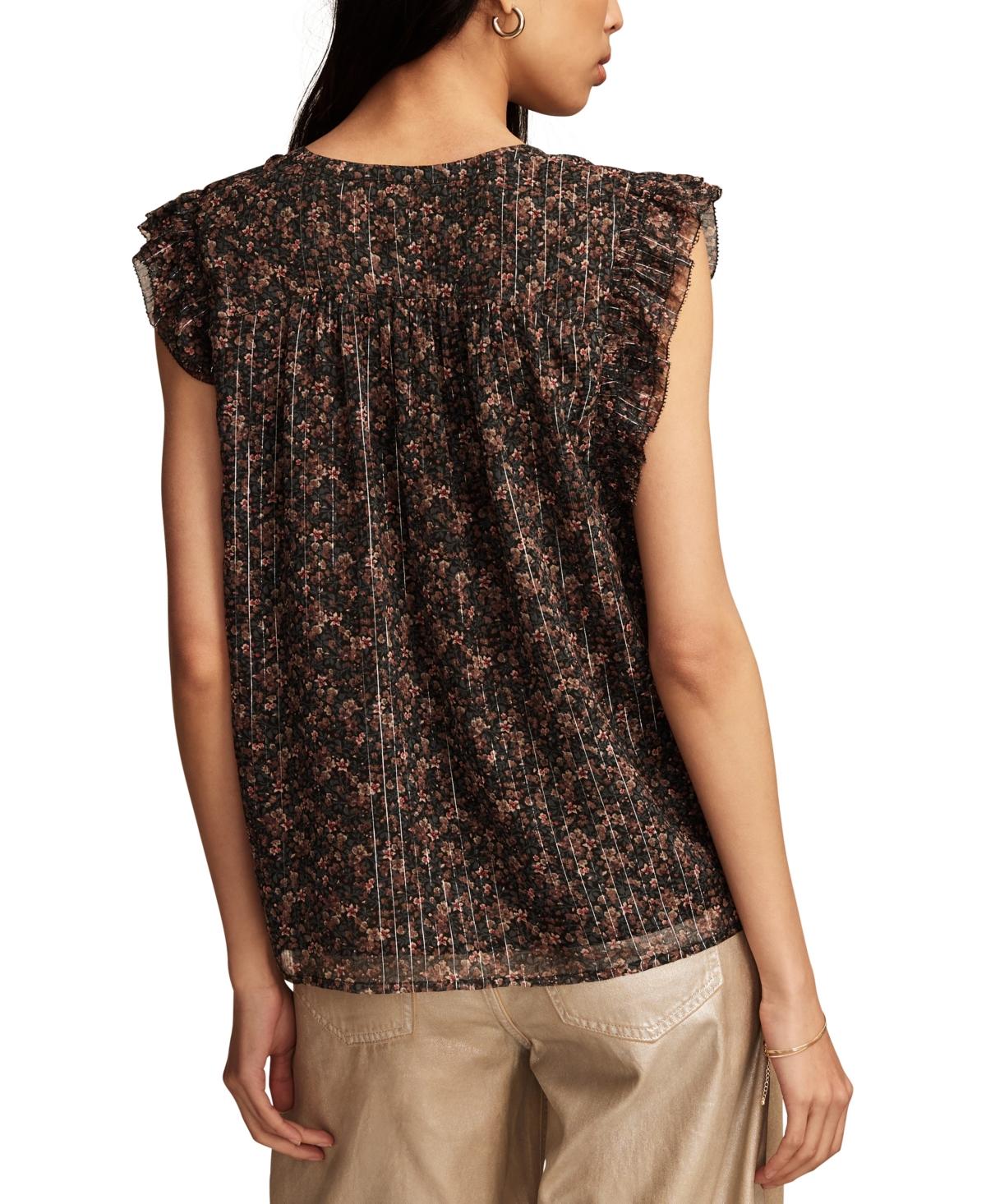 Women's Printed Split-Neck Ruffle-Sleeve Top