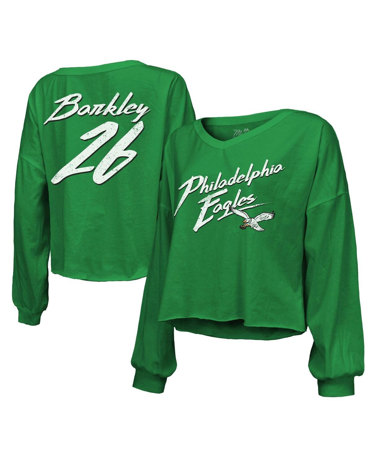 Women's Threads Saquon Barkley Kelly Green Philadelphia Eagles Name Number Off-Shoulder Script Cropped Long Sleeve V-Neck T-Shirt