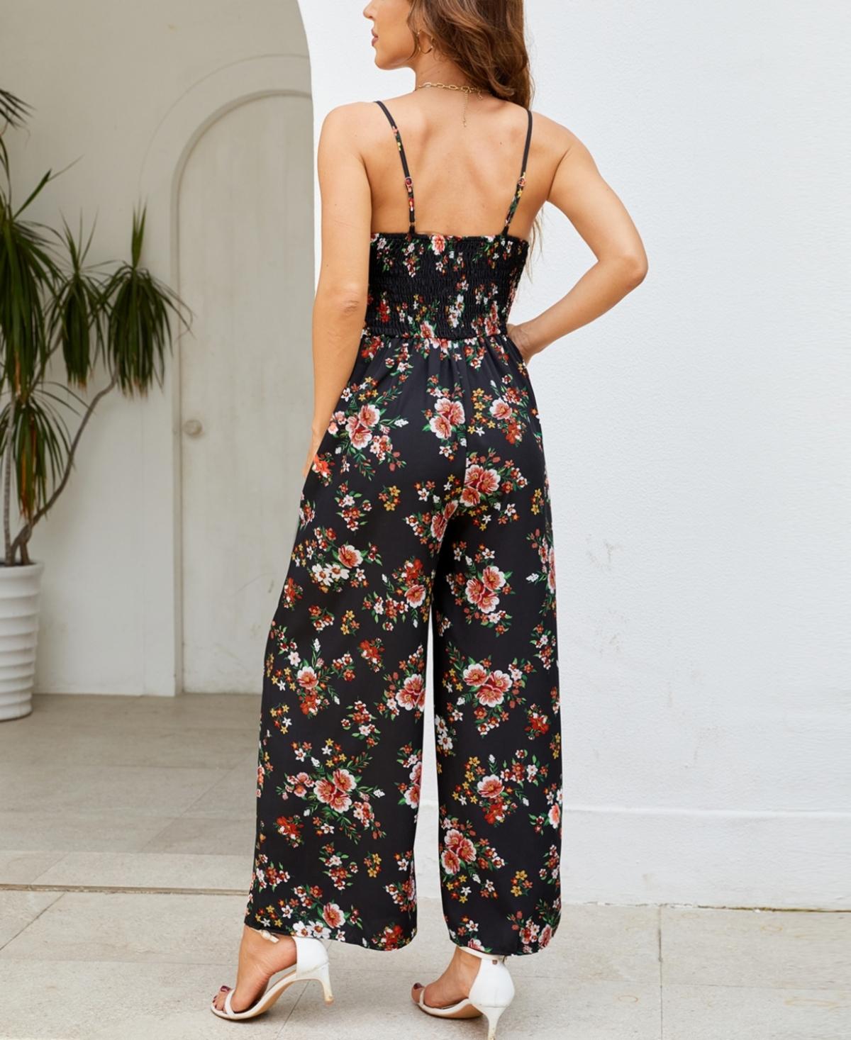 Women's Dark Floral Sleeveless V-Neck Wide Leg Jumpsuit