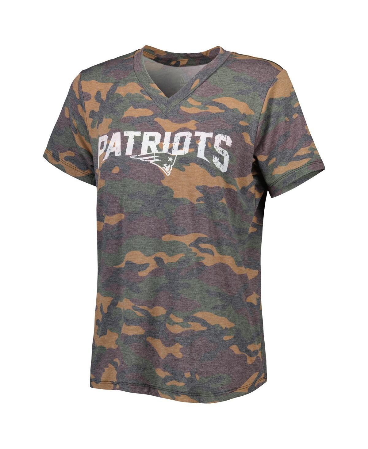 Women's Threads Mac Jones Camo Distressed New England Patriots Name and Number V-Neck T-shirt