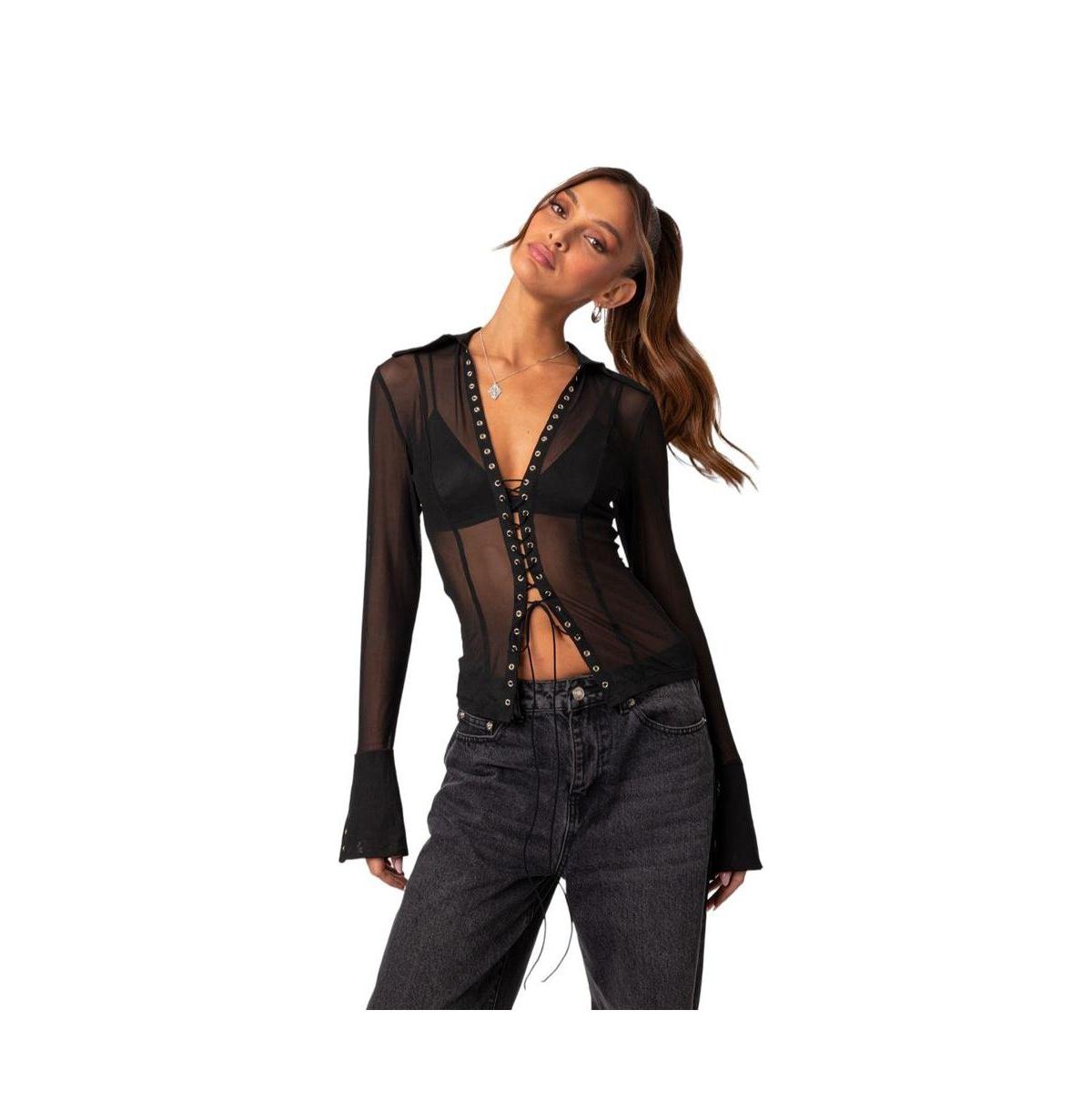 Women's Lace up sheer mesh top