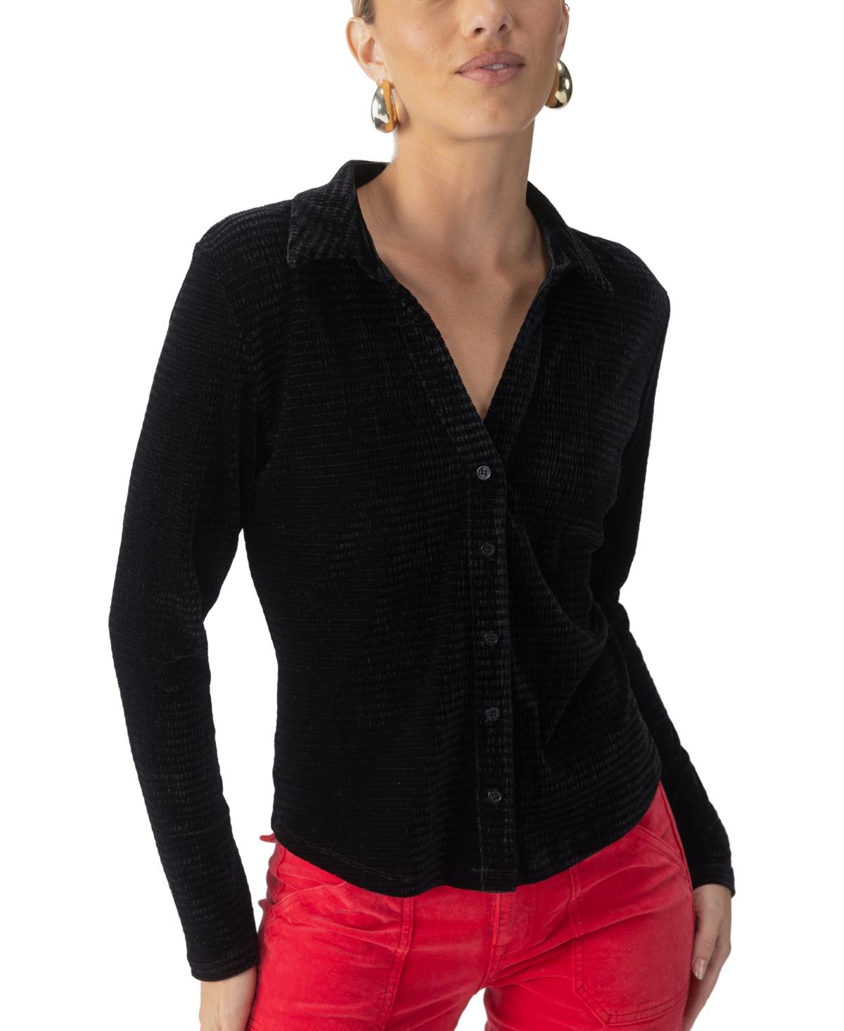 Women's Textured Velvet Fold-Collar Blouse