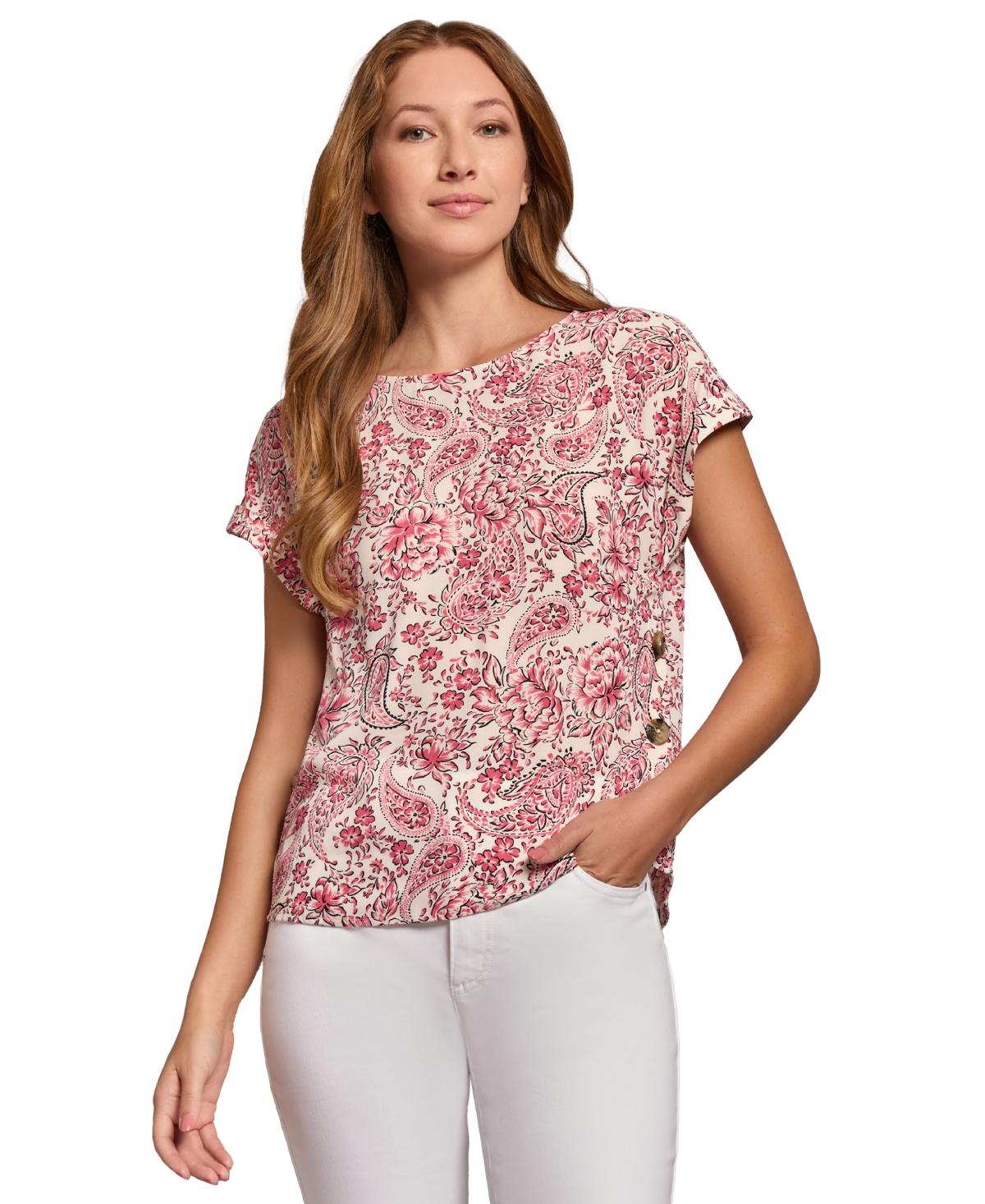 Petite Printed Side-Button Cap-Sleeve Top