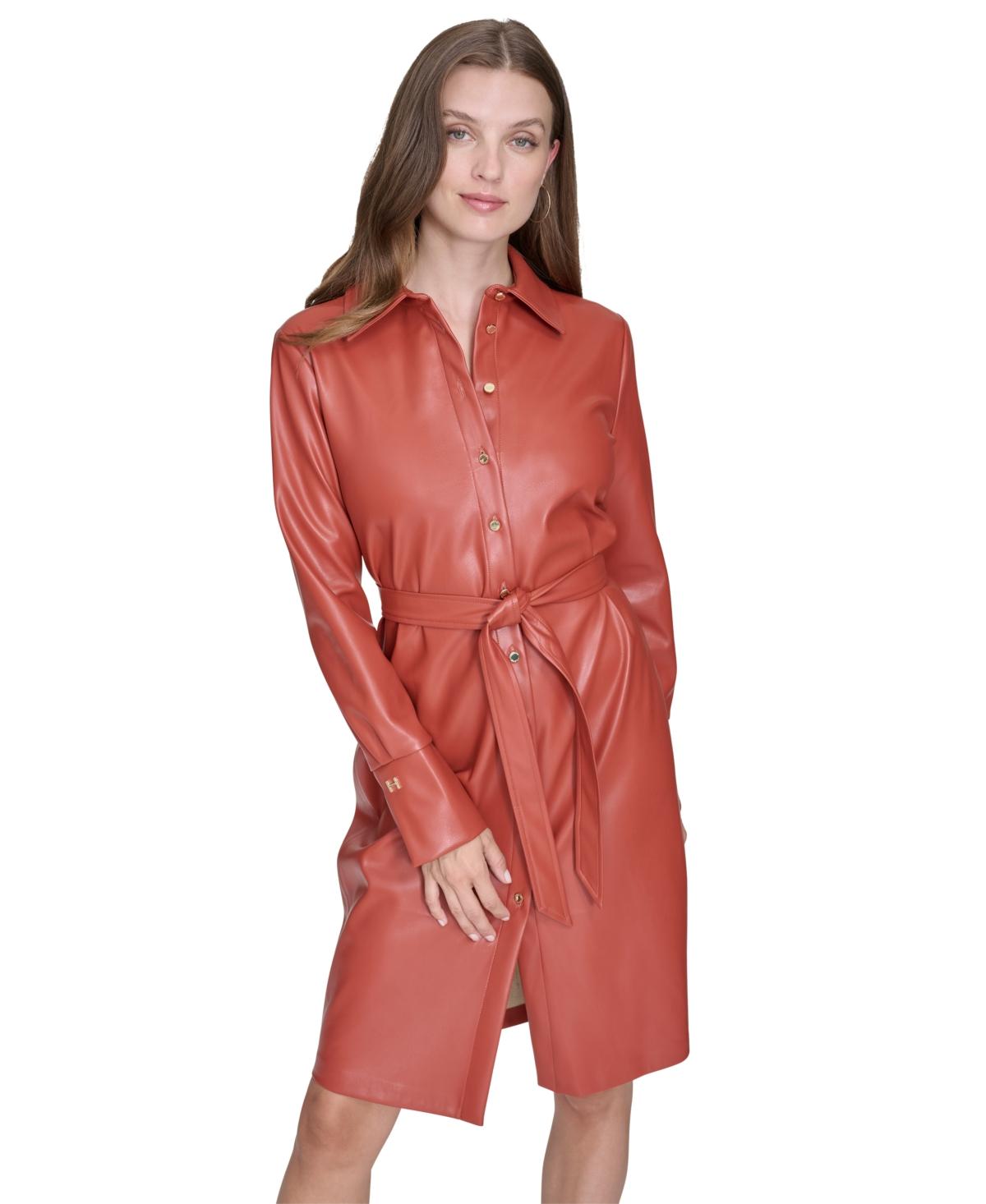 Women's Faux-Leather Tie-Waist Shirtdress