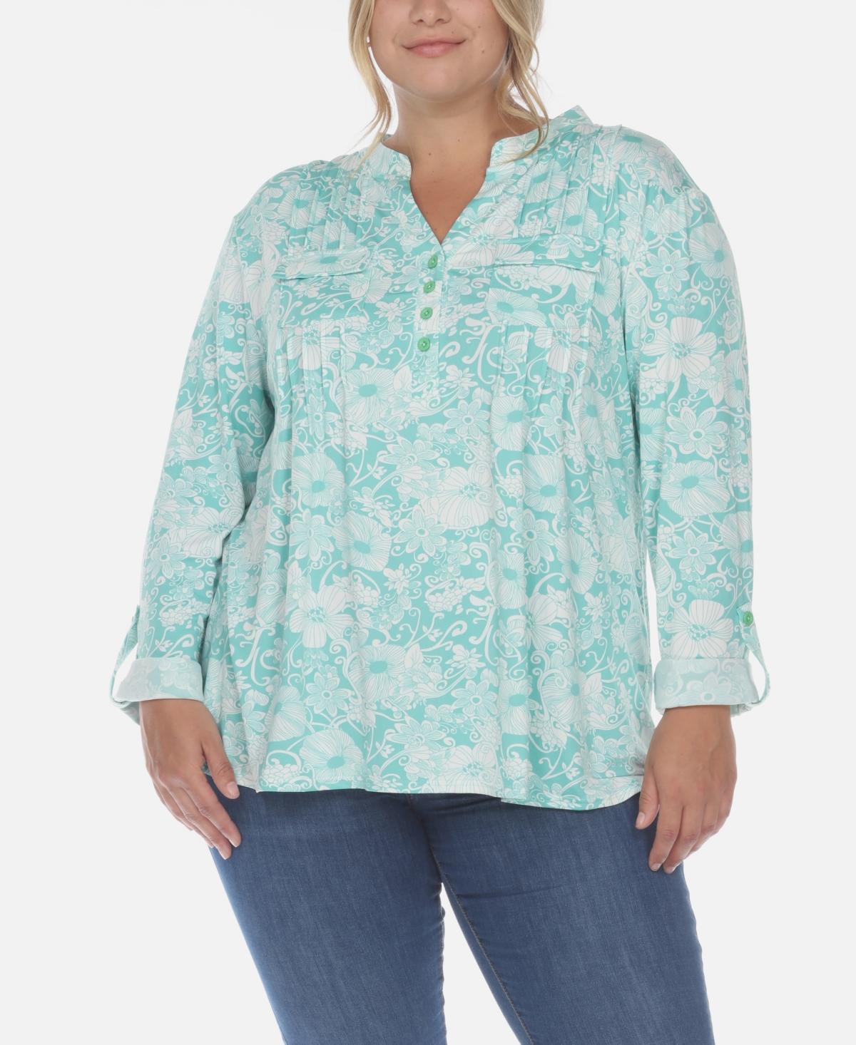 Plus Size Pleated Long Sleeve Floral Print Blouse