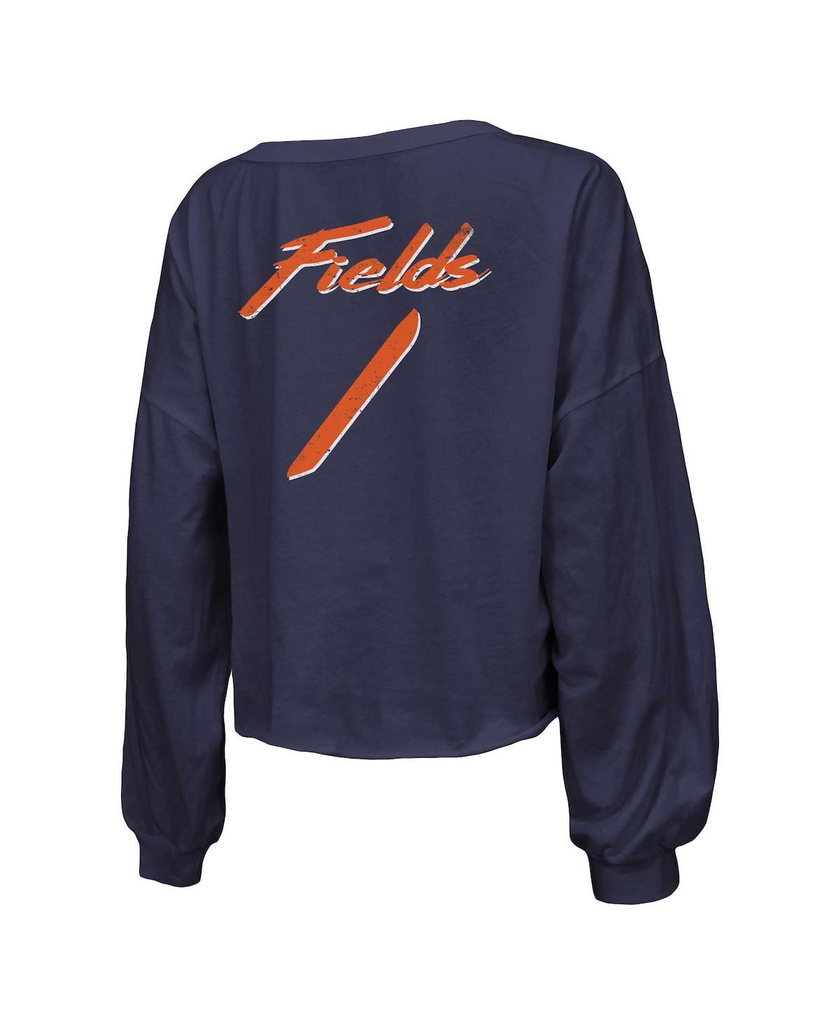 Women's Threads Justin Fields Navy Distressed Chicago Bears Name and Number Off-Shoulder Script Cropped Long Sleeve V-Neck T-shirt