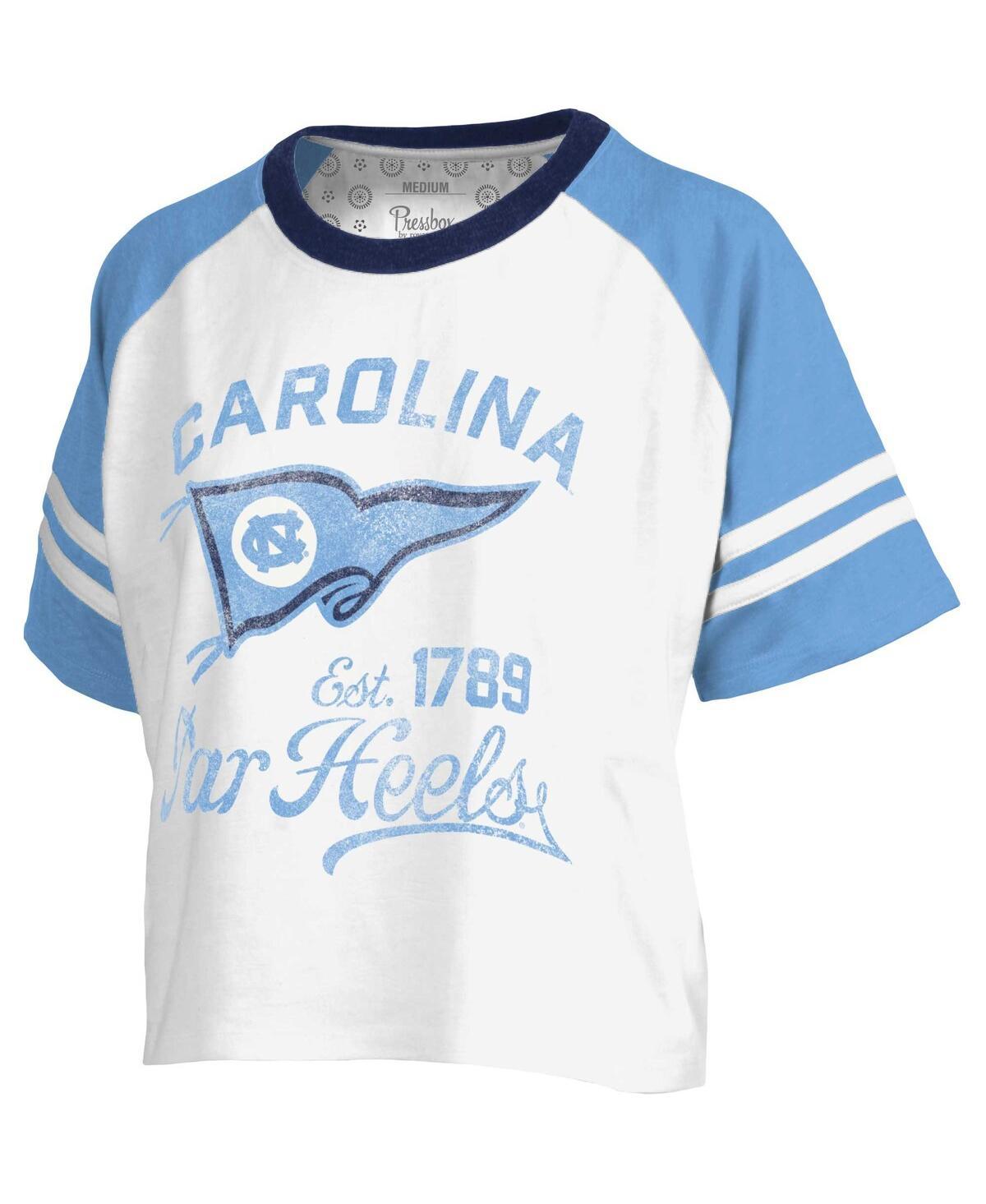 Women's White Distressed North Carolina Tar Heels Melange Beaumont Cropped Raglan T-shirt