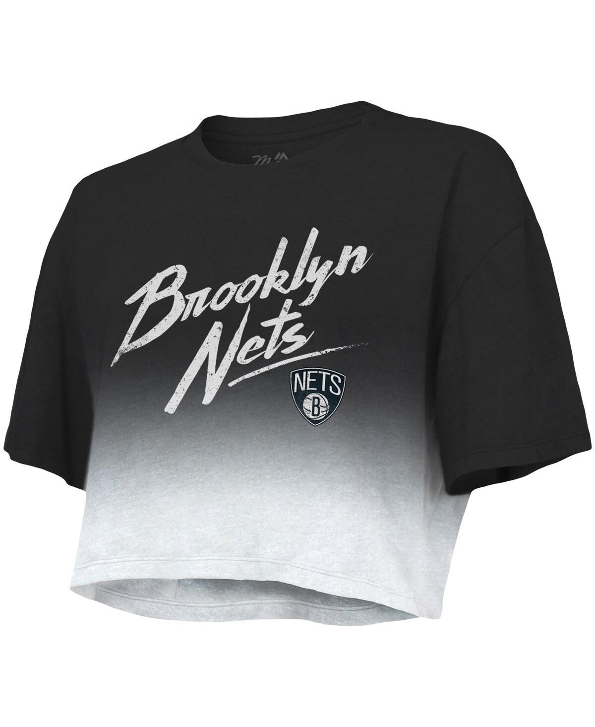 Women's Threads Black and White Brooklyn Nets Dirty Dribble Tri-Blend Cropped T-shirt