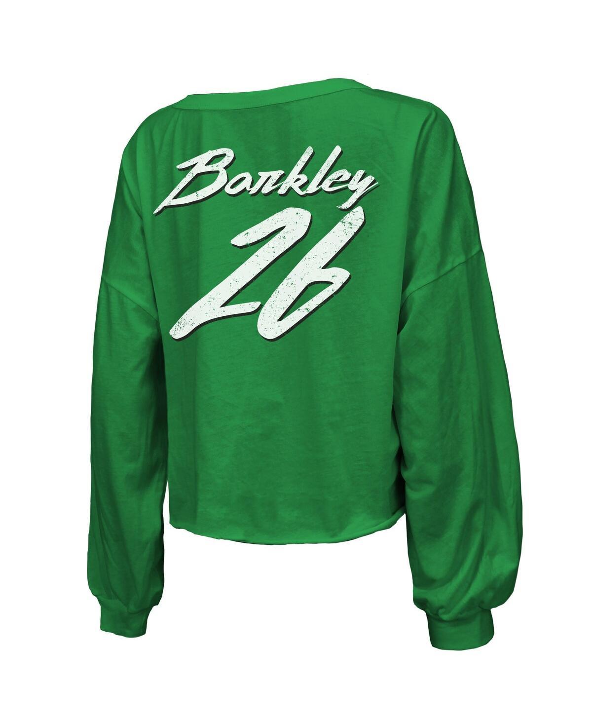 Women's Threads Saquon Barkley Kelly Green Philadelphia Eagles Name Number Off-Shoulder Script Cropped Long Sleeve V-Neck T-Shirt