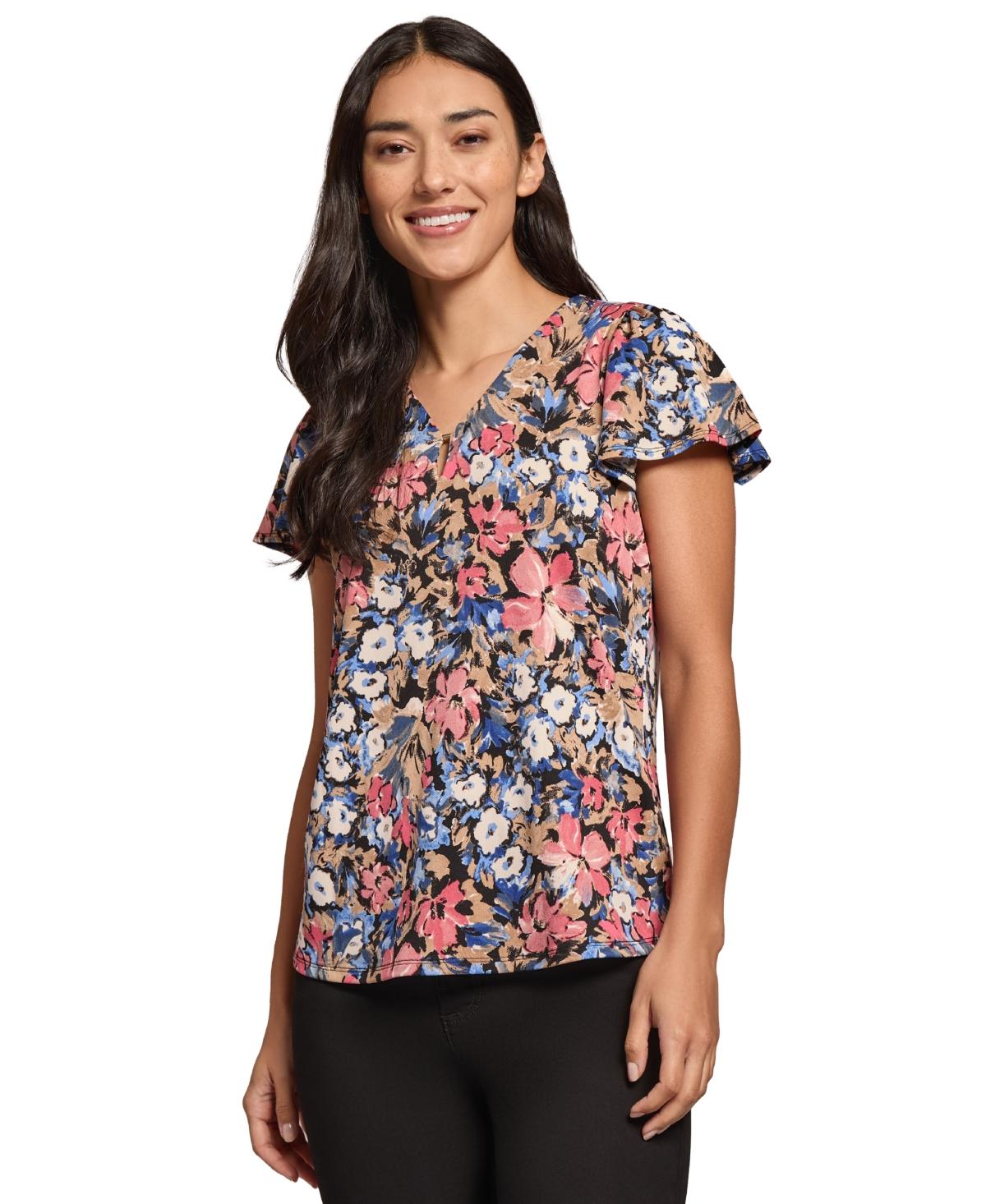 Women's Moss Crepe Printed Flutter-Sleeve Top