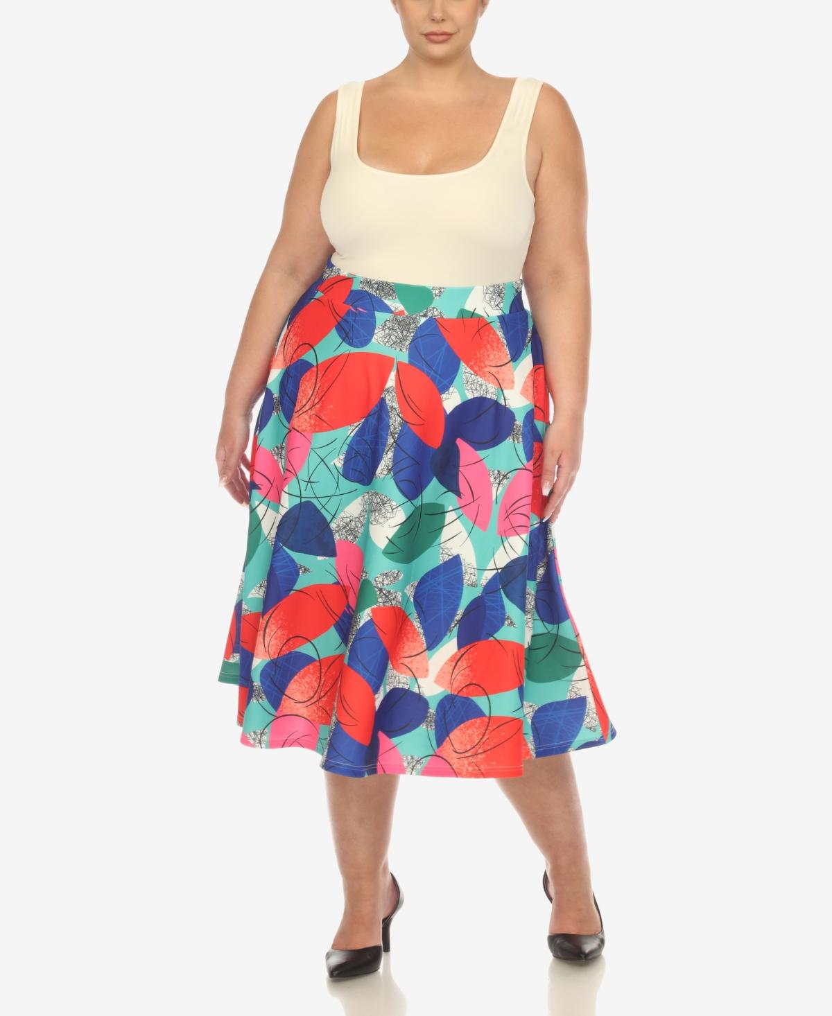 Plus Size Leaf Print Vintage Flared Midi Skirt