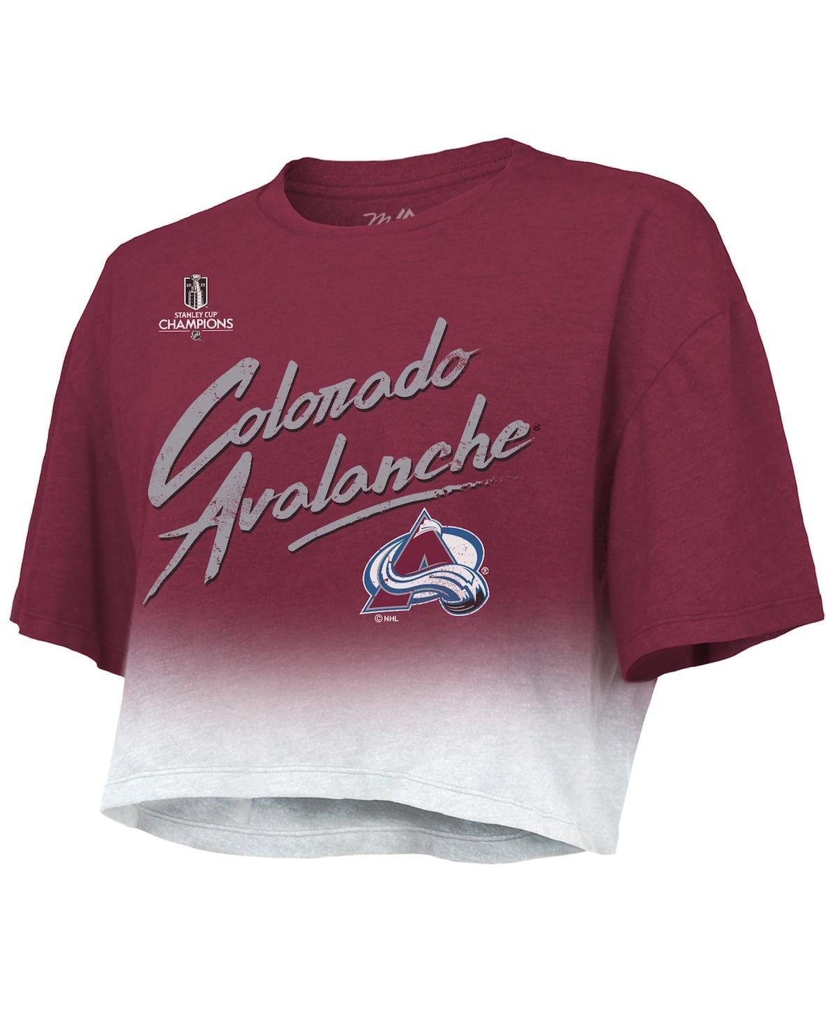 Women's Threads Nathan MacKinnon Burgundy Colorado Avalanche 2022 Stanley Cup Champions Dip Dye Boxy Crop T-shirt