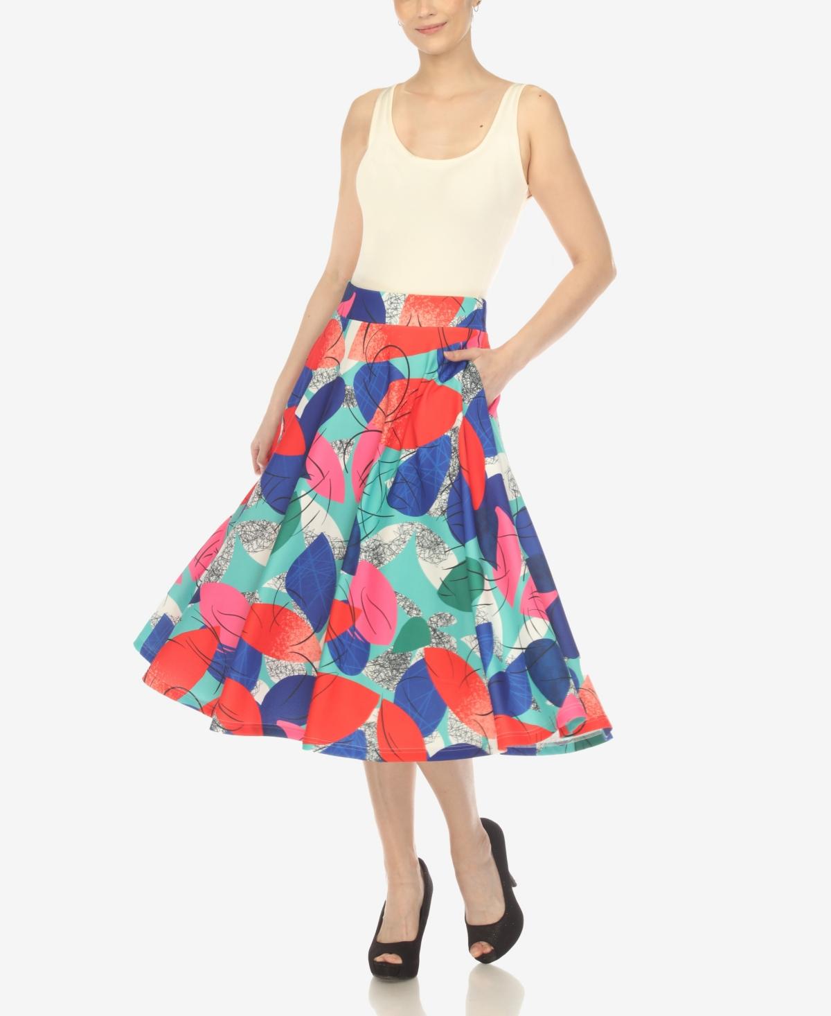 Women's Leaf Print Vintage Flared Midi Skirt