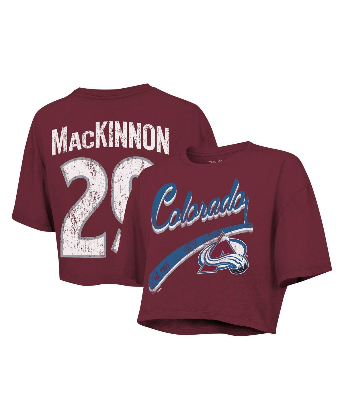 Women's Nathan MacKinnon Maroon Colorado Avalanche Behind the Net Boxy Name Number Cropped T-Shirt