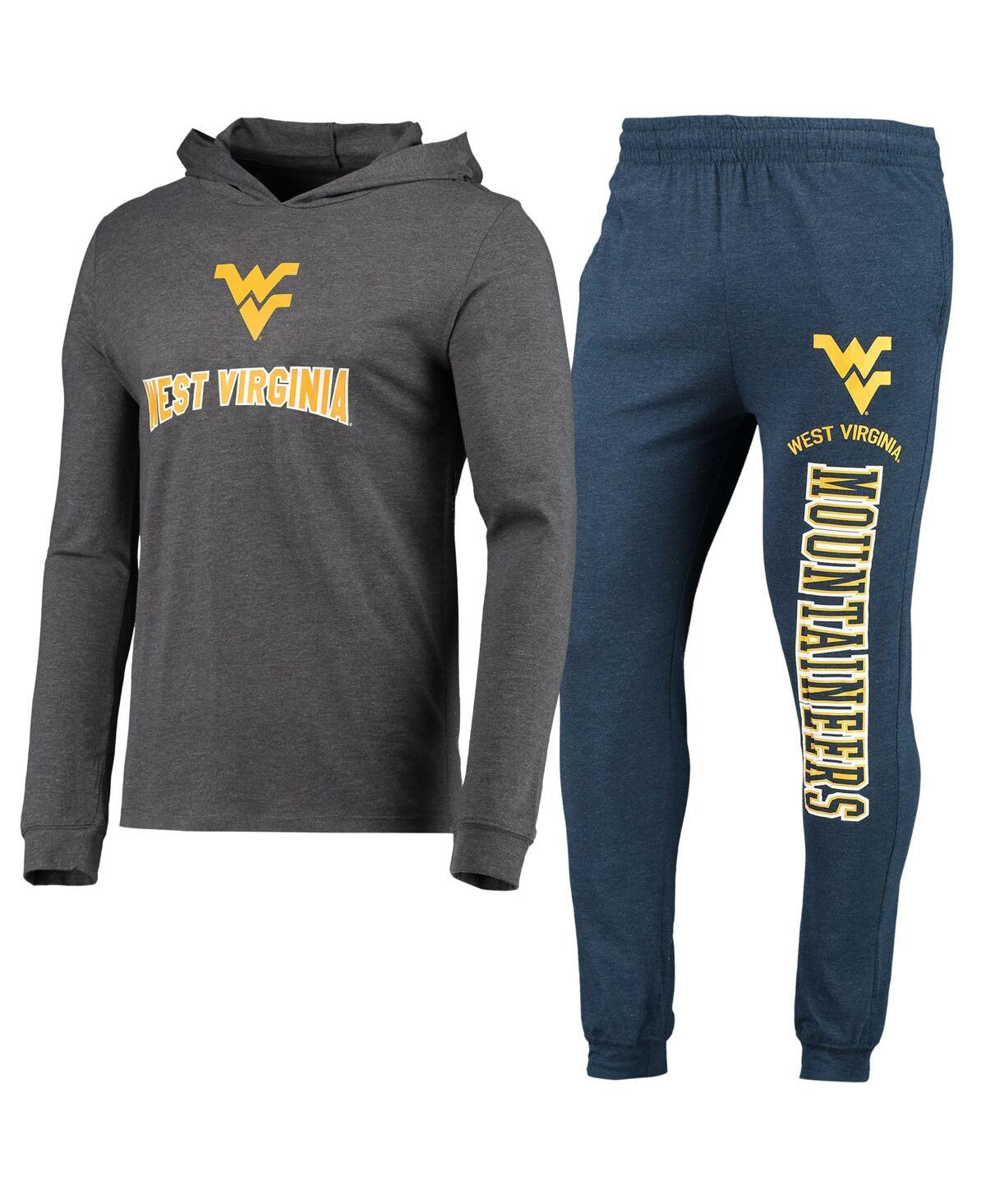 Men's Heathered Navy, Heathered Charcoal West Virginia Mountaineers Meter Long Sleeve Hoodie T-shirt and Jogger Pants Set