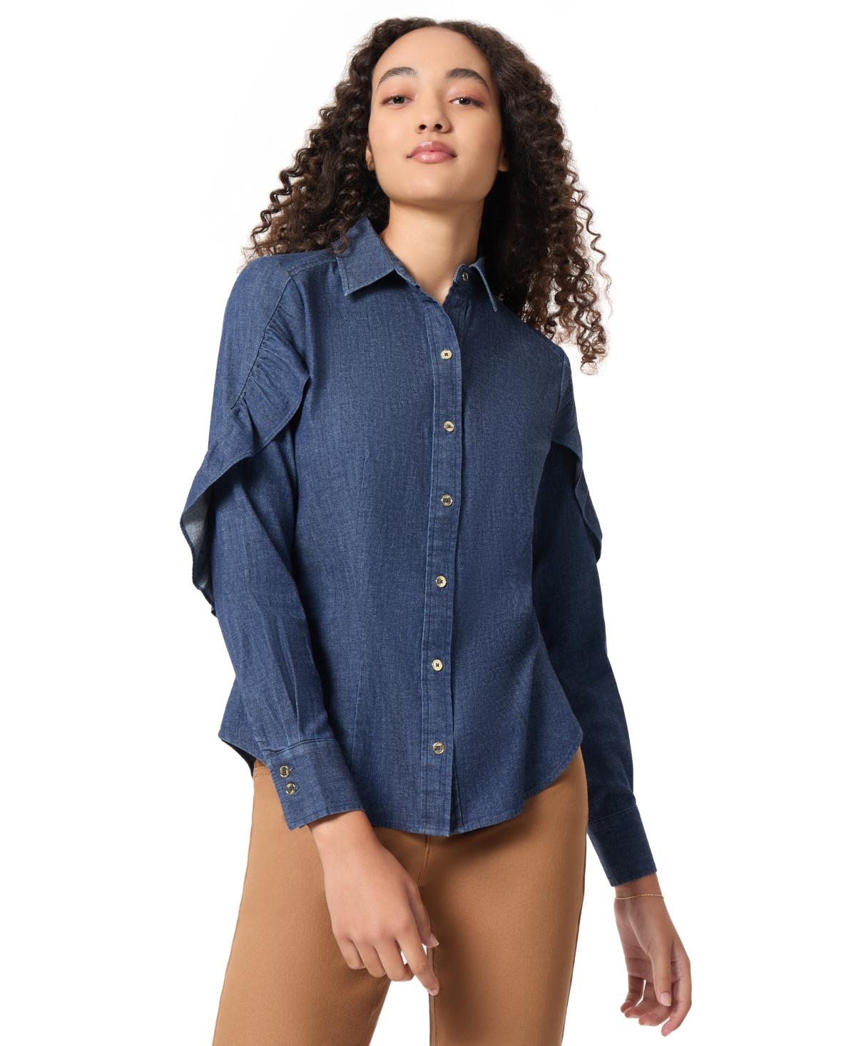 Women's Ruffled-Sleeve Button-Down Collared Shirt