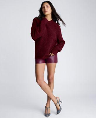 Women's Oversized Crewneck Sweater & Faux-Leather Fly-Front Shorts