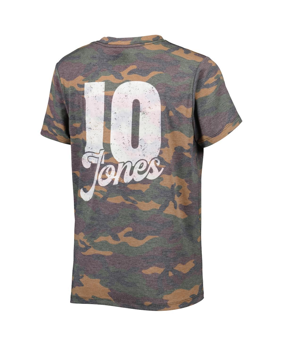 Women's Threads Mac Jones Camo Distressed New England Patriots Name and Number V-Neck T-shirt