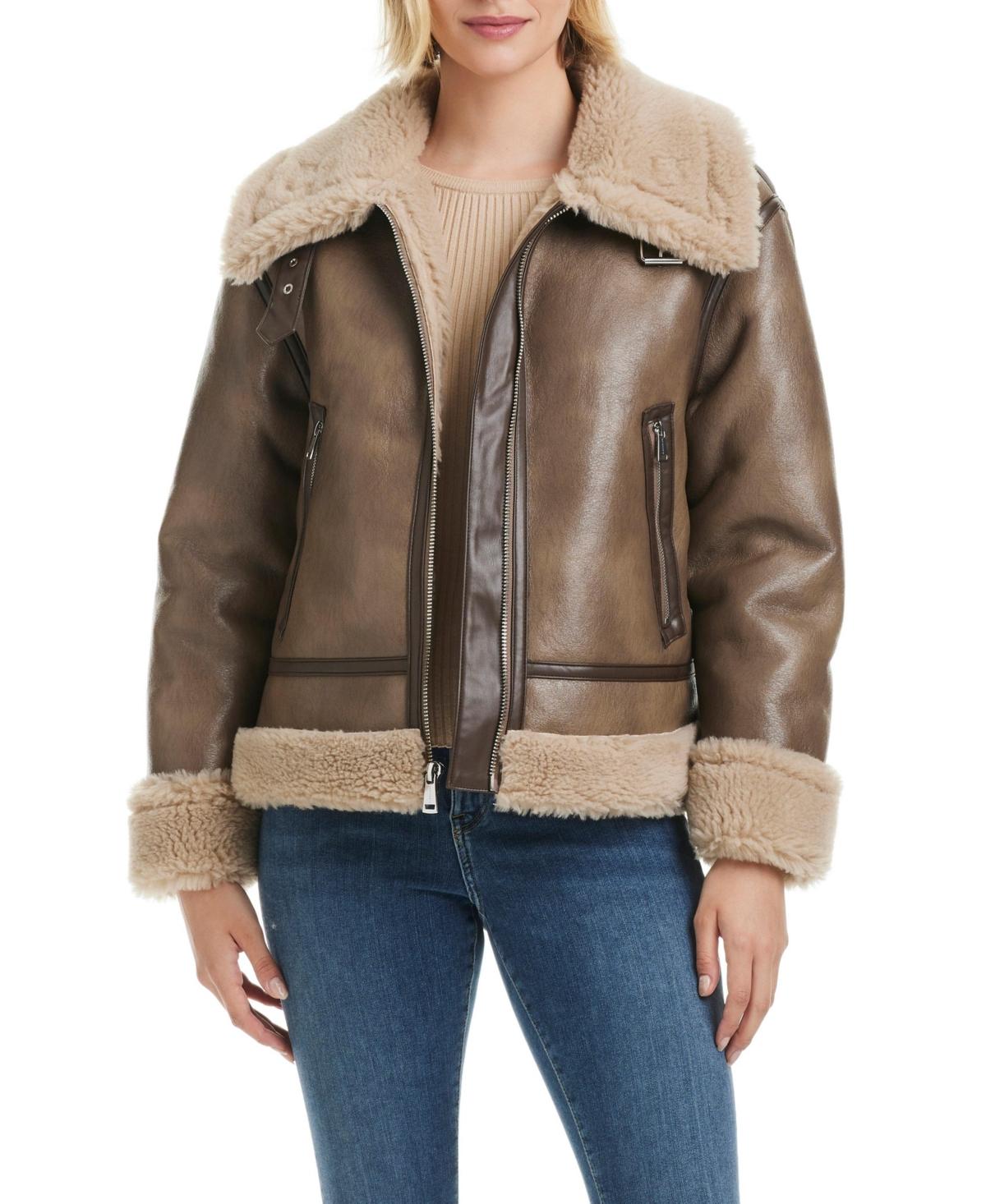 Women's Single-Breasted Faux Leather + Faux Sherpa Bonded Jacket