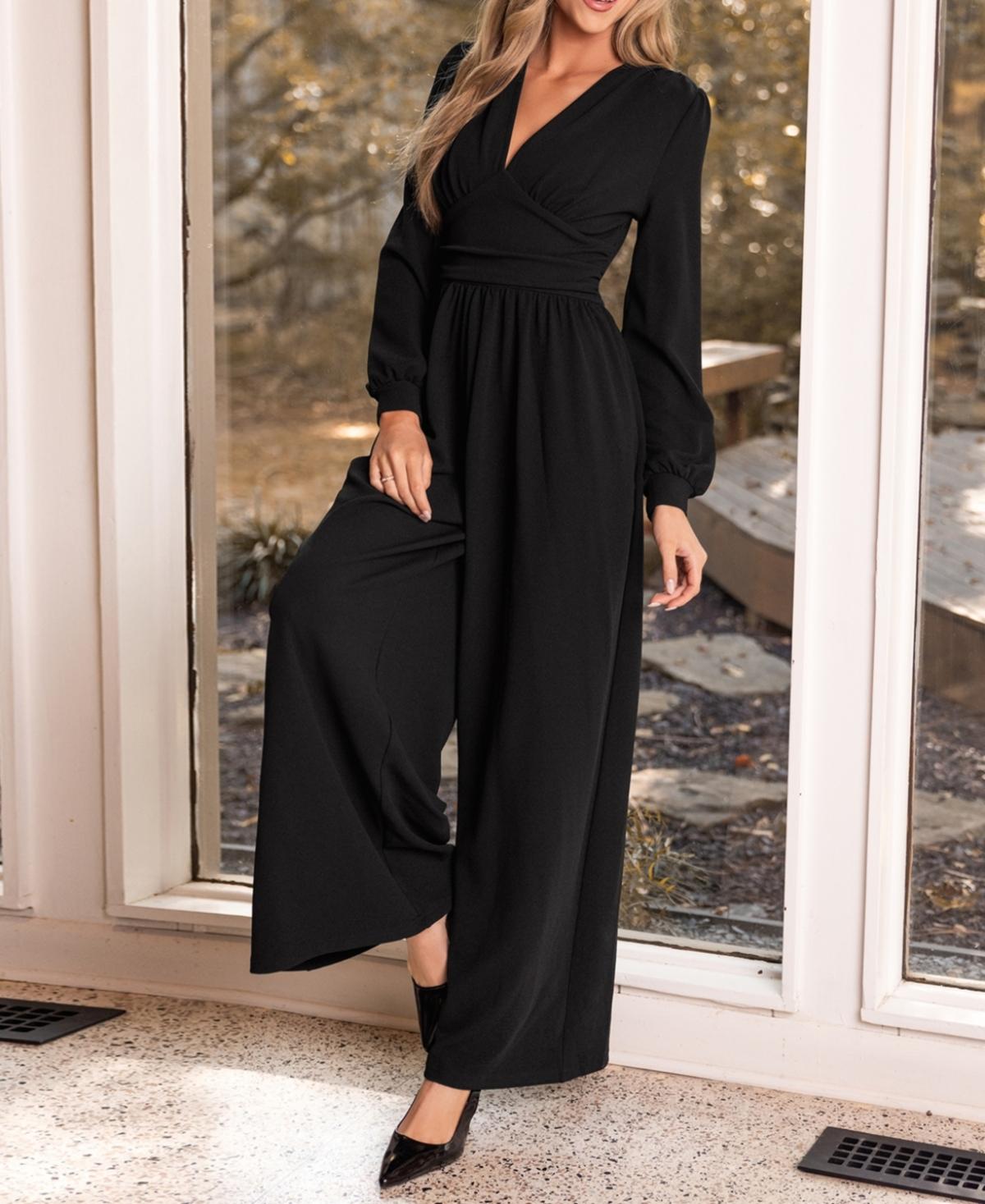 Women's Plunging Long Sleeve Wide Leg Jumpsuit