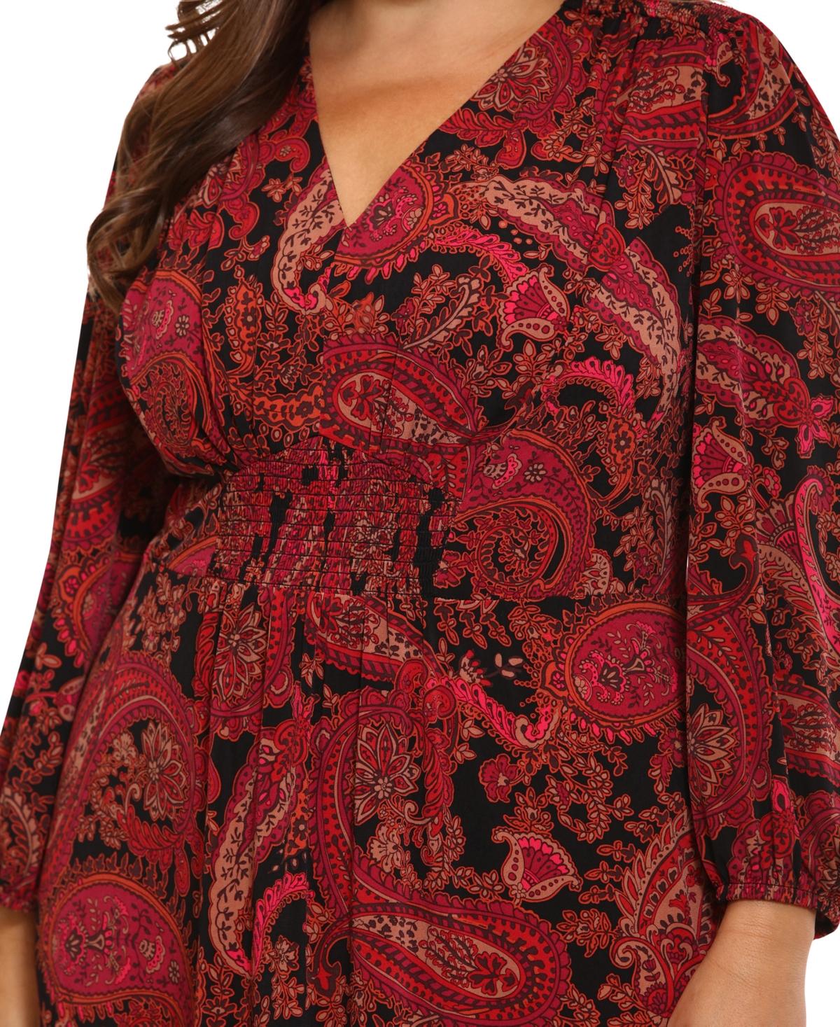 Plus Size Paisley V-Neck Long-Sleeve Midi Dress