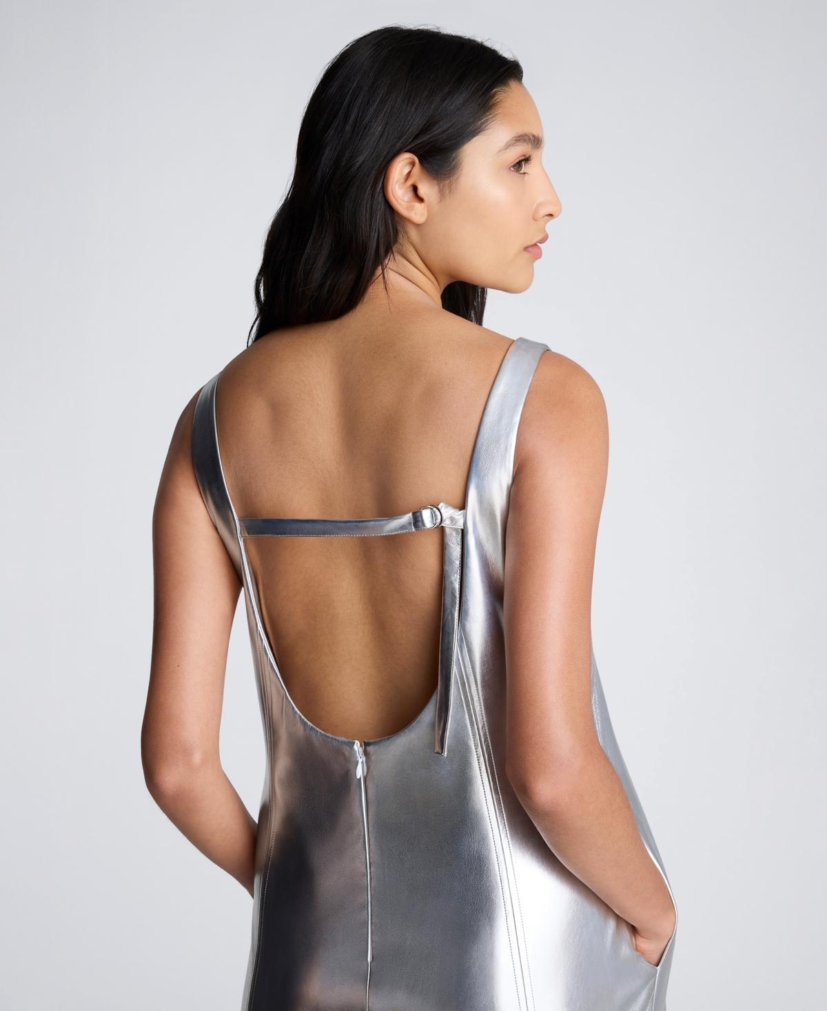 Women's Metallic Faux-Leather Open-Back-Strap Shift Dress