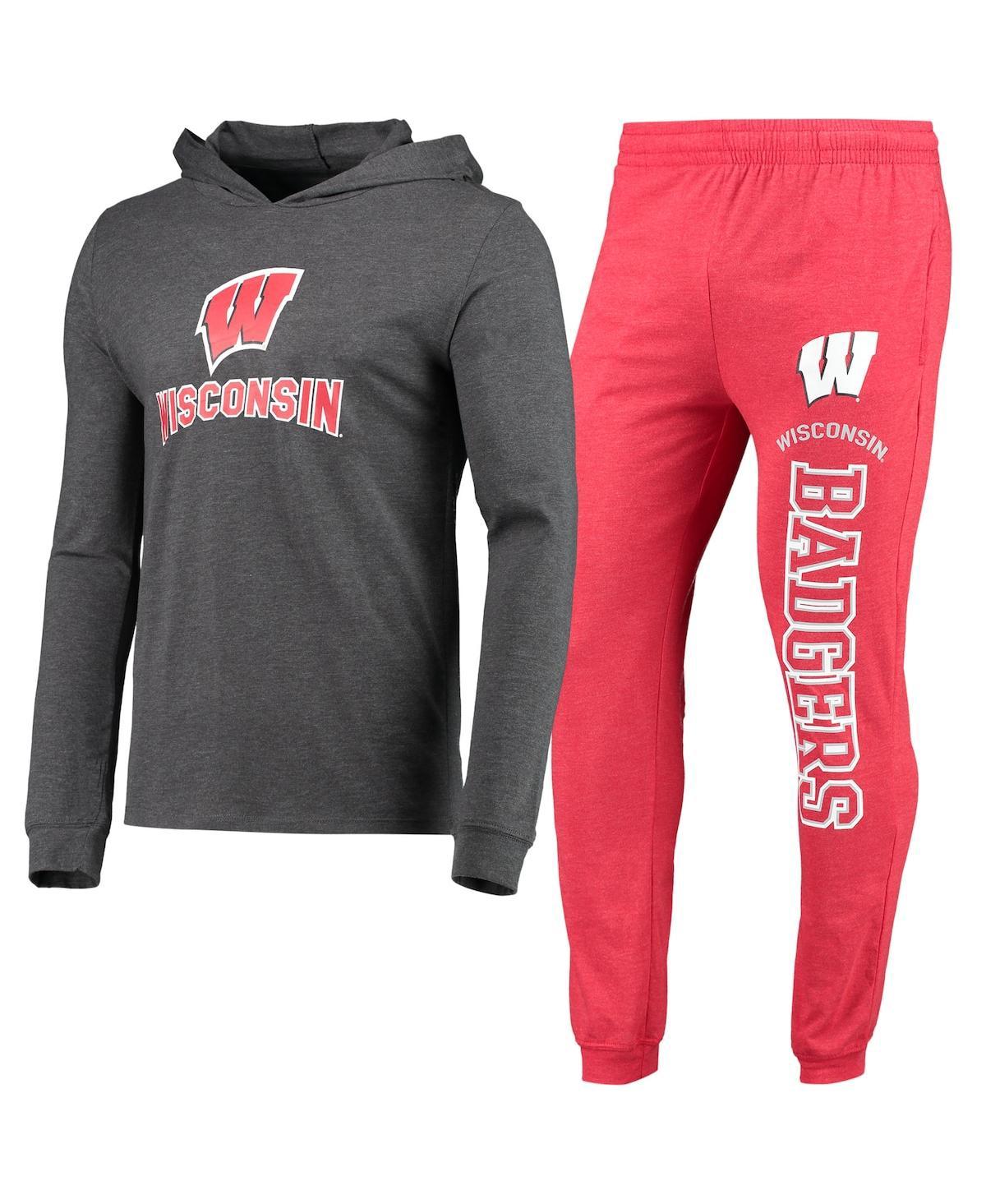 Men's Heathered Red, Heathered Charcoal Wisconsin Badgers Meter Long Sleeve Hoodie T-shirt and Jogger Pants Set