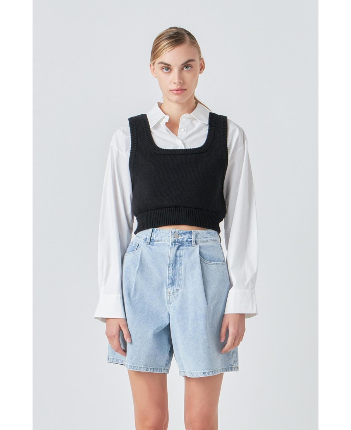 Women's Cropped Knit Top Over Shirt