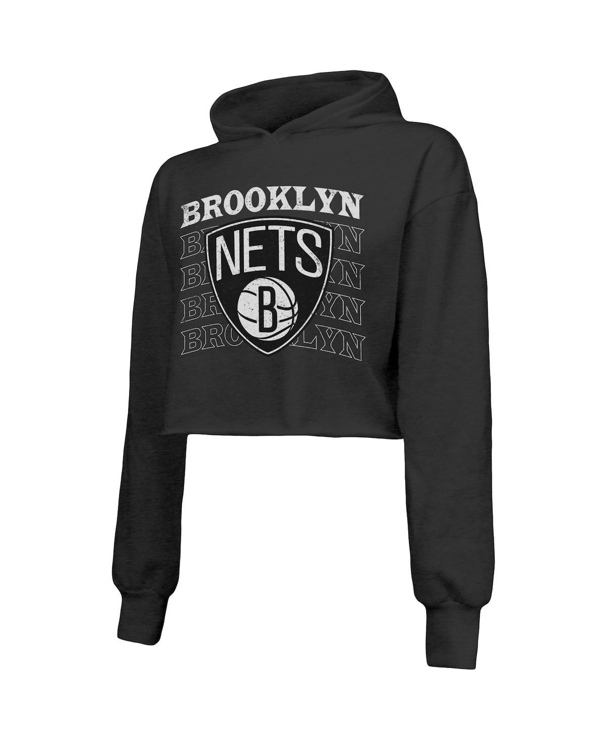 Women's Threads Black Brooklyn Nets Repeat Cropped Tri-Blend Pullover Hoodie