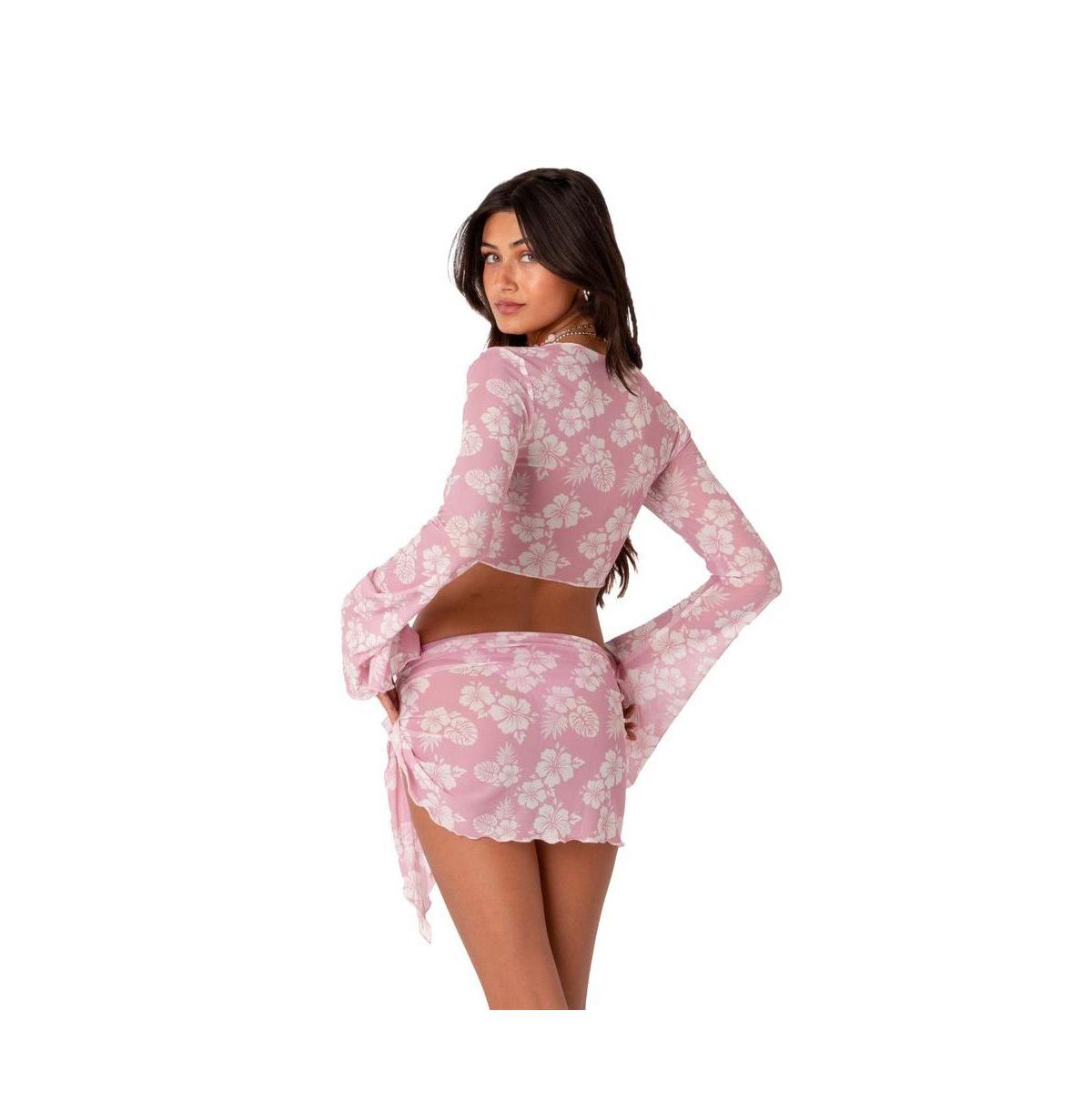 Women's Hibiscus Printed Mesh Front Tie Long Sleeve Top