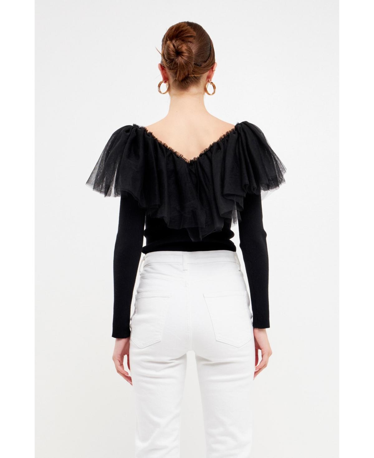 Women's Mixed Media Mesh Pleated Ruffle Top