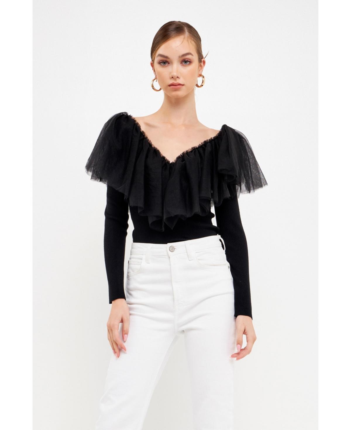 Women's Mixed Media Mesh Pleated Ruffle Top