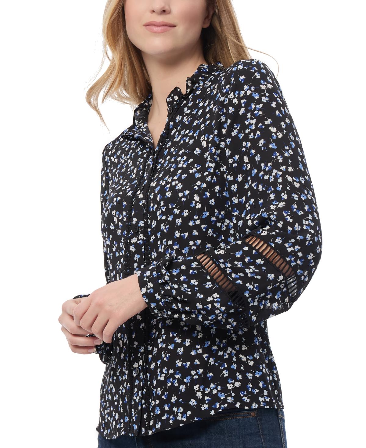 Petite Floral Print Blouson-Sleeve Button-Front Blouse