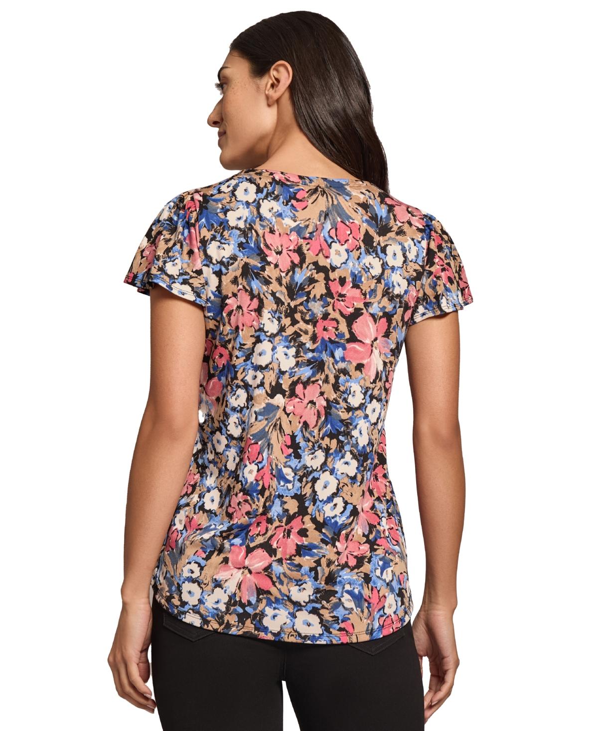 Women's Moss Crepe Printed Flutter-Sleeve Top