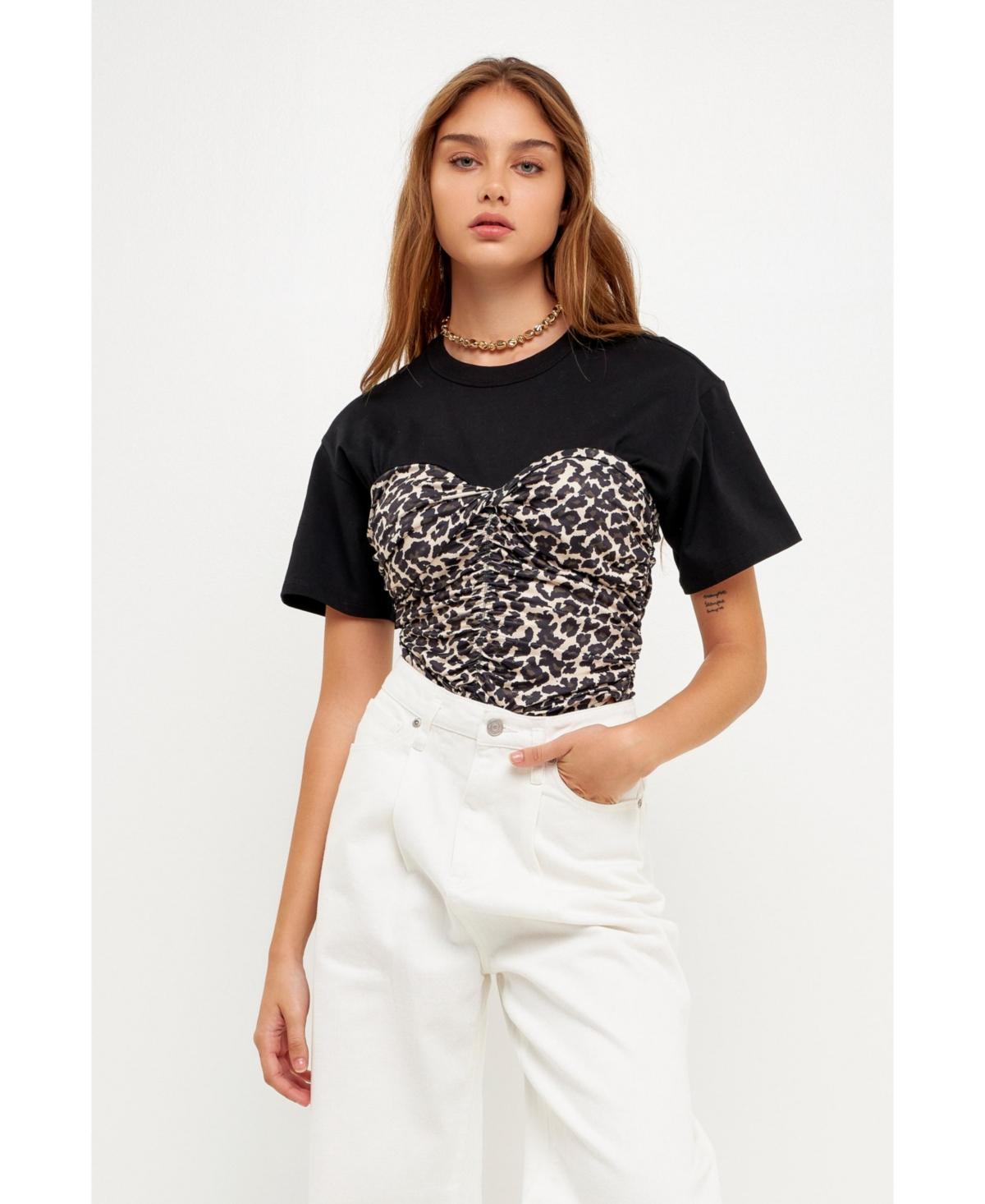 Women's Leopard Shirred Cropped Top