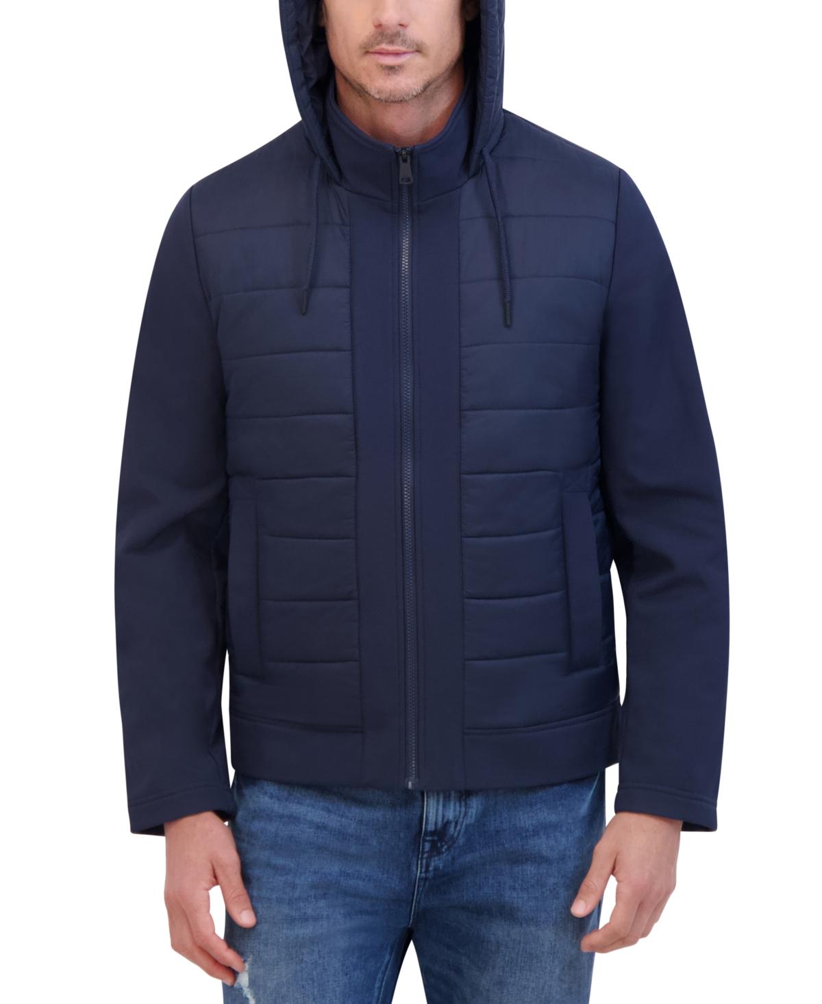 Men's Mixed-Media Hooded Soft Shell Bomber Jacket