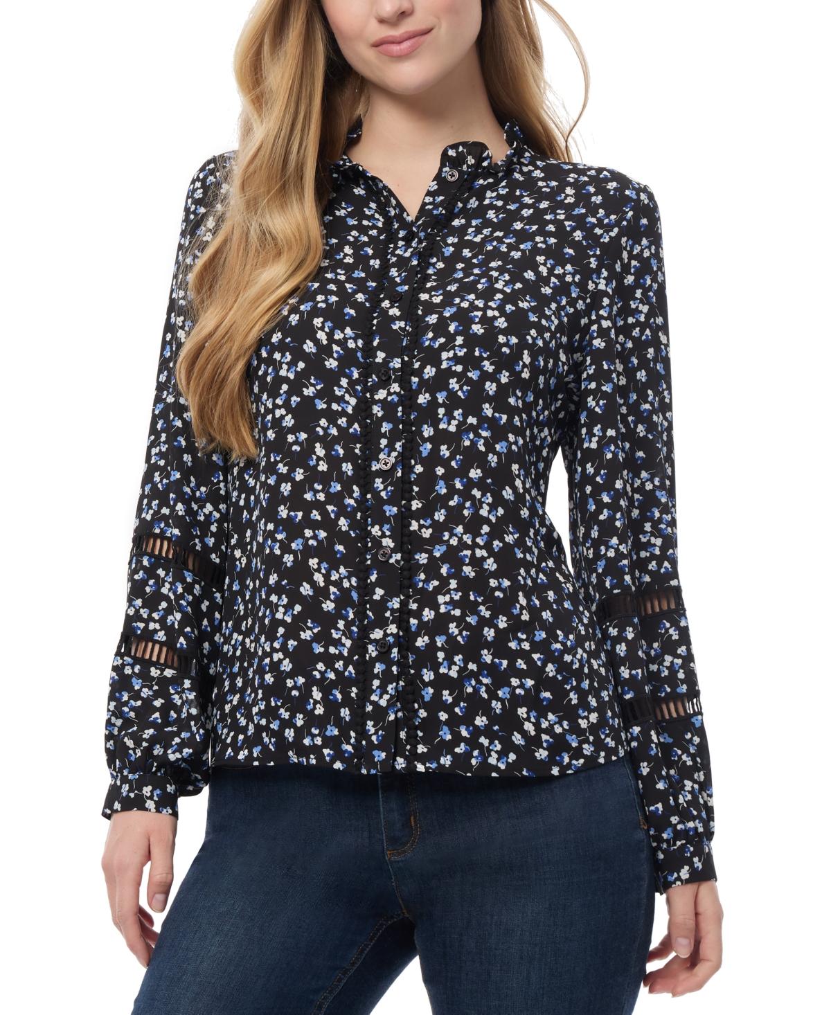 Petite Floral Print Blouson-Sleeve Button-Front Blouse