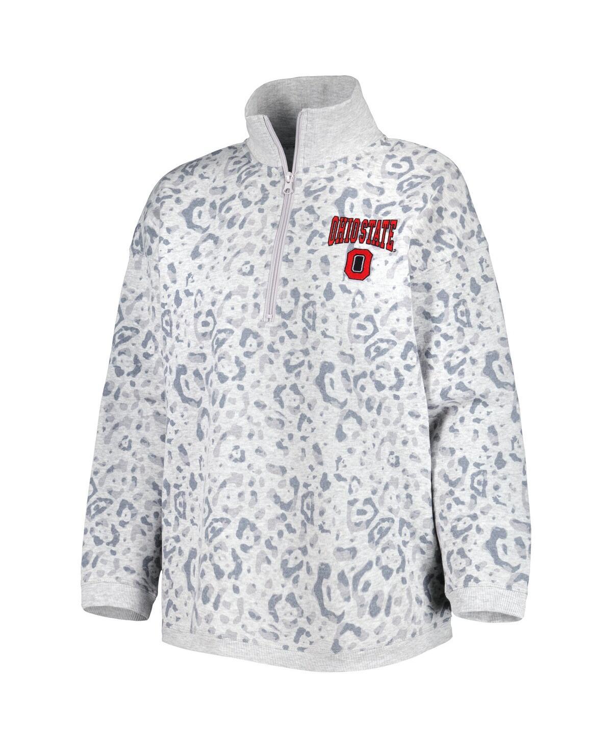 Women's Heather Gray Ohio State Buckeyes Leopard Quarter-Zip Sweatshirt