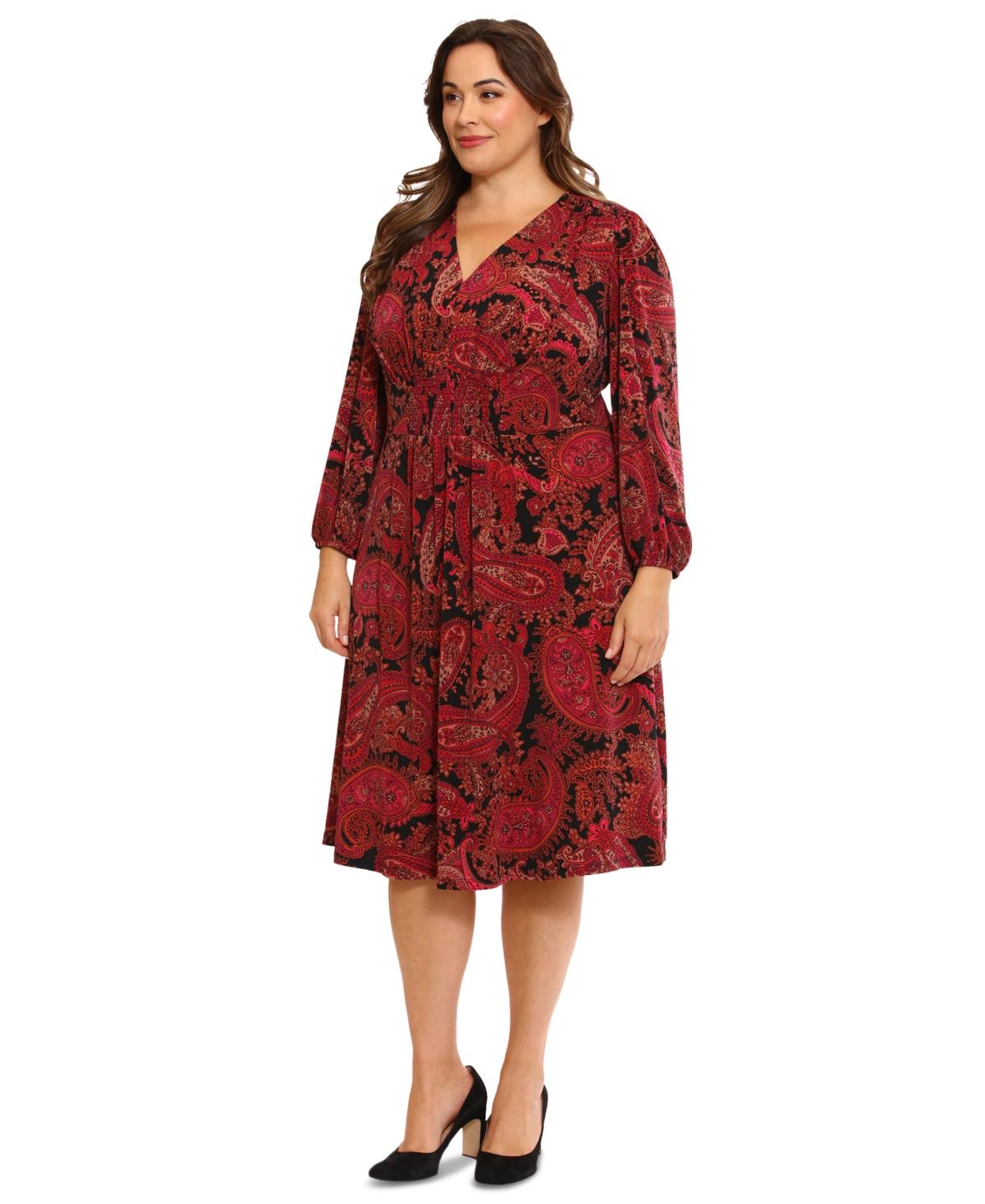 Plus Size Paisley V-Neck Long-Sleeve Midi Dress