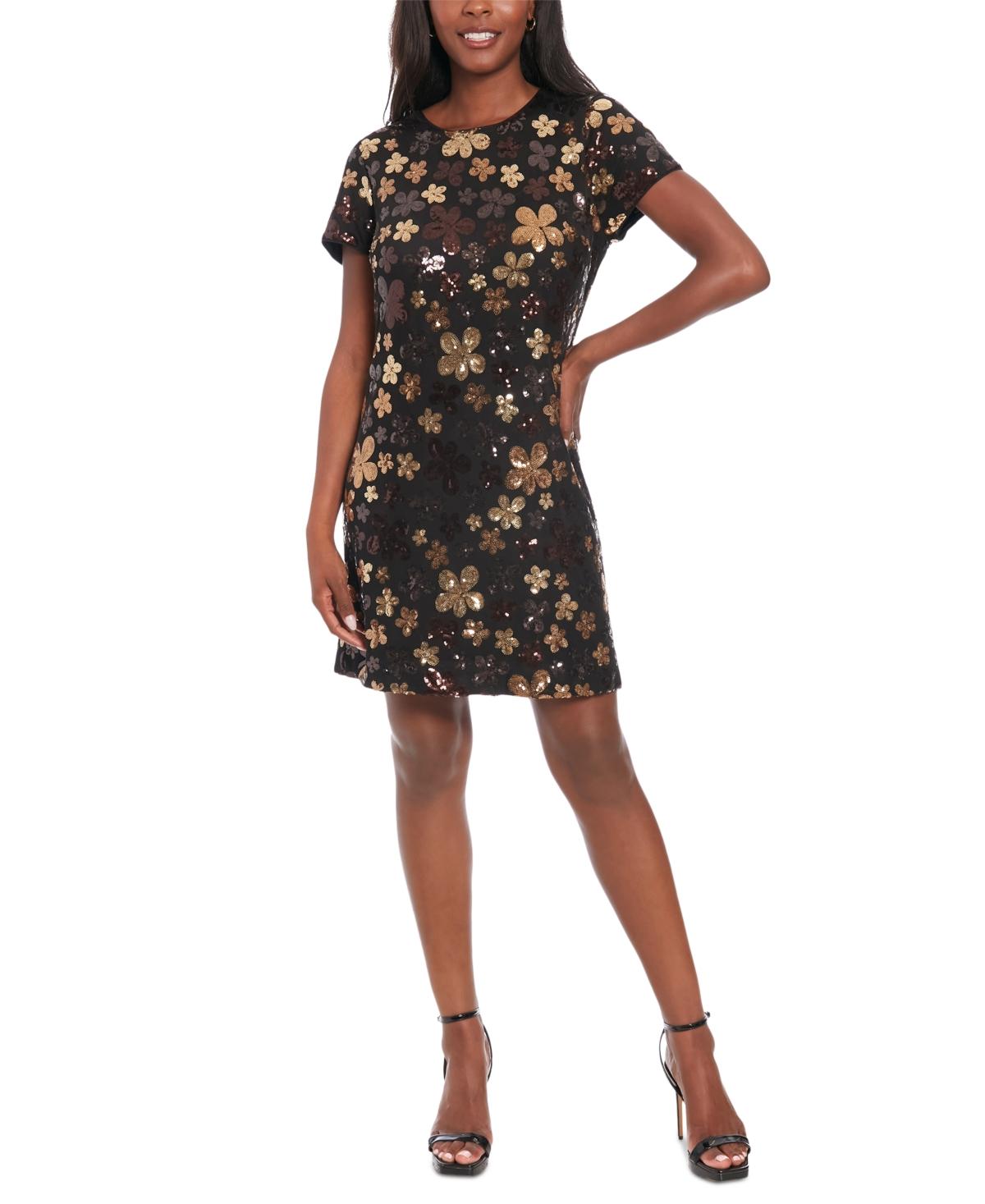 Women's Floral Sequin Short-Sleeve Shift Dress