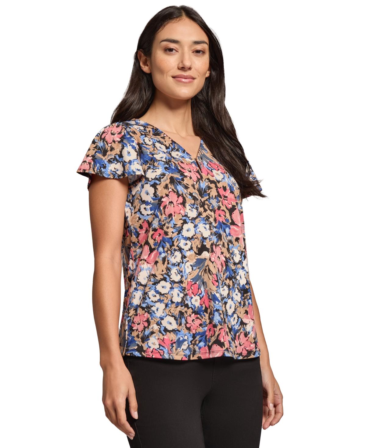 Women's Moss Crepe Printed Flutter-Sleeve Top