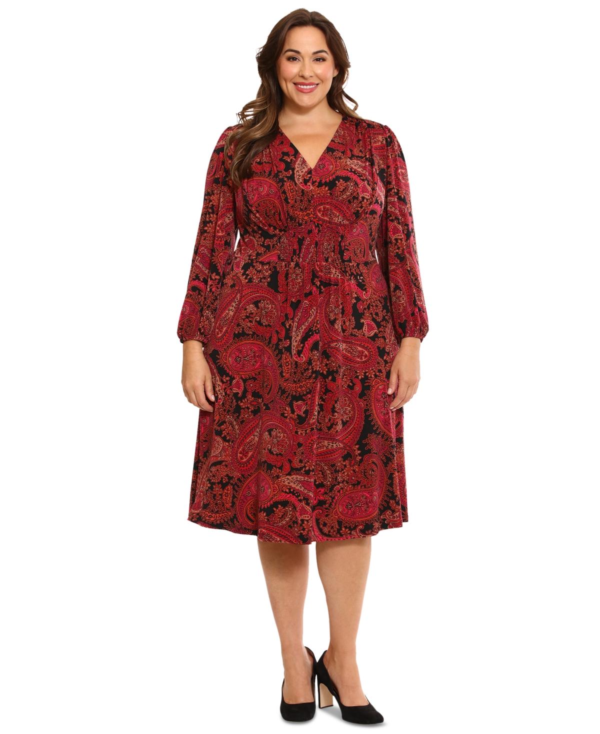 Plus Size Paisley V-Neck Long-Sleeve Midi Dress