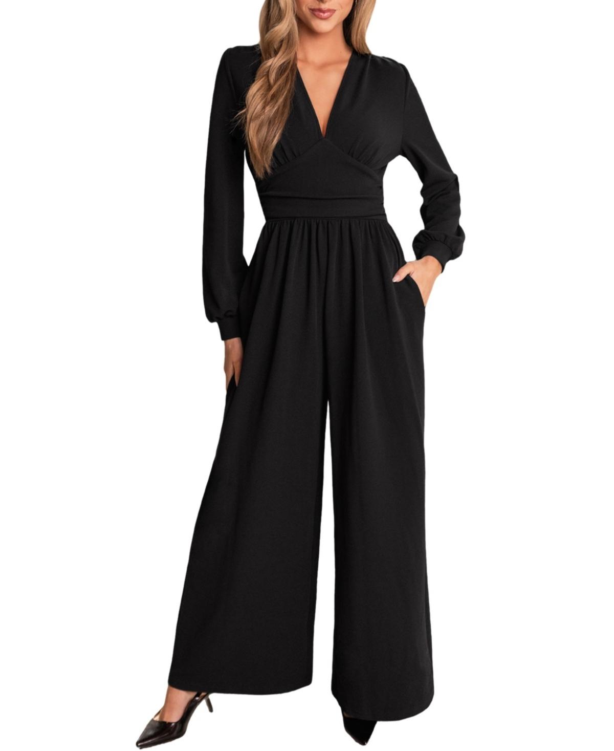 Women's Plunging Long Sleeve Wide Leg Jumpsuit